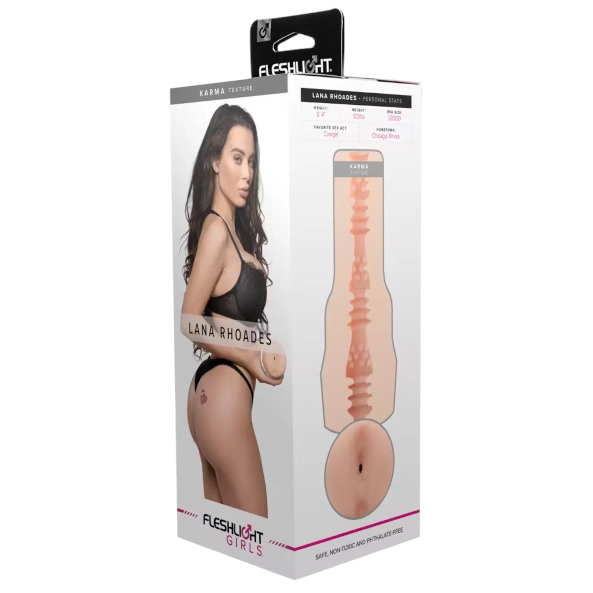 Fleshlight Butt Lana Rhoades Karma Texture packaging box with grey header, white body featuring Lana Rhoades portrait, product texture details on right side with personal stats, and Fleshlight Girls branding with pink accents against white background