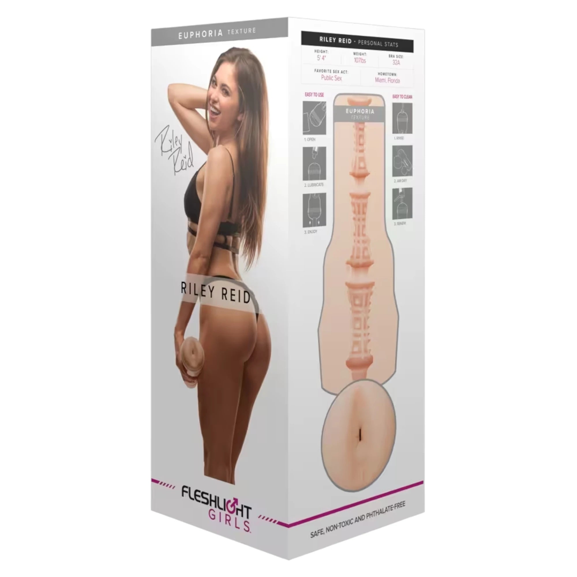 Fleshlight Butt Riley Reid Euphoria texture packaging box shown from front displaying Euphoria texture branding, photo of model, Riley Reid personal stats, product diagram showing interior texture pattern, opening detail, Fleshlight Girls logo, and 'Safe, Non-Toxic and Phthalate Free' text against white background