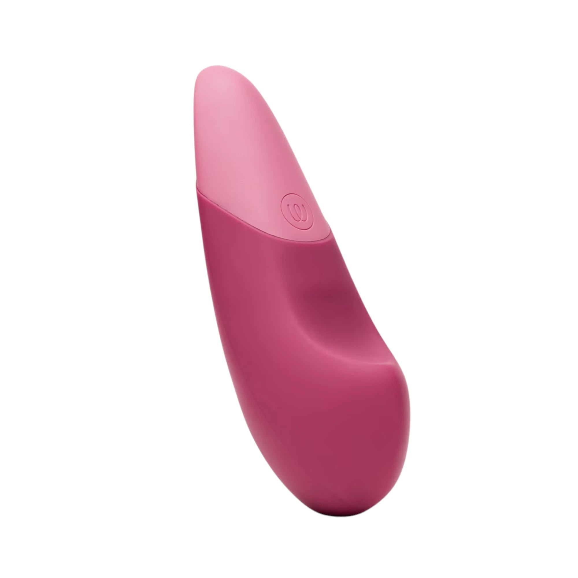 Womanizer Vibe rechargeable lay-on clitoral vibrator in pink, shown at an angled front view with a smooth curved body, lighter pink tip section and the Womanizer “W” logo on the upper panel against a white background.