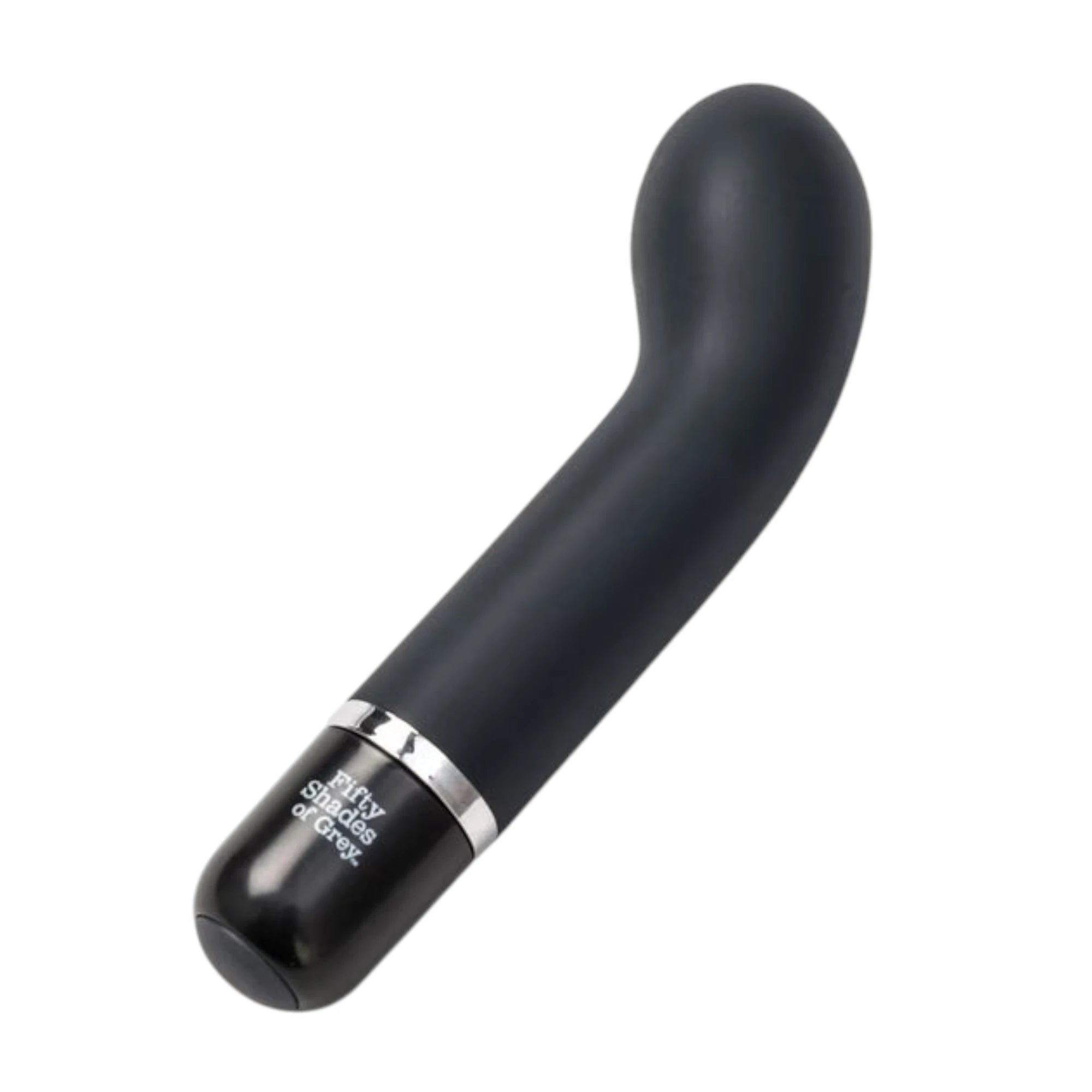 Fifty Shades of Grey Insatiable Desire mini G-spot vibrator in black silicone shown from side displaying curved bulbous tip, slim handle, silver accent ring, and Fifty Shades of Grey branding against white background
