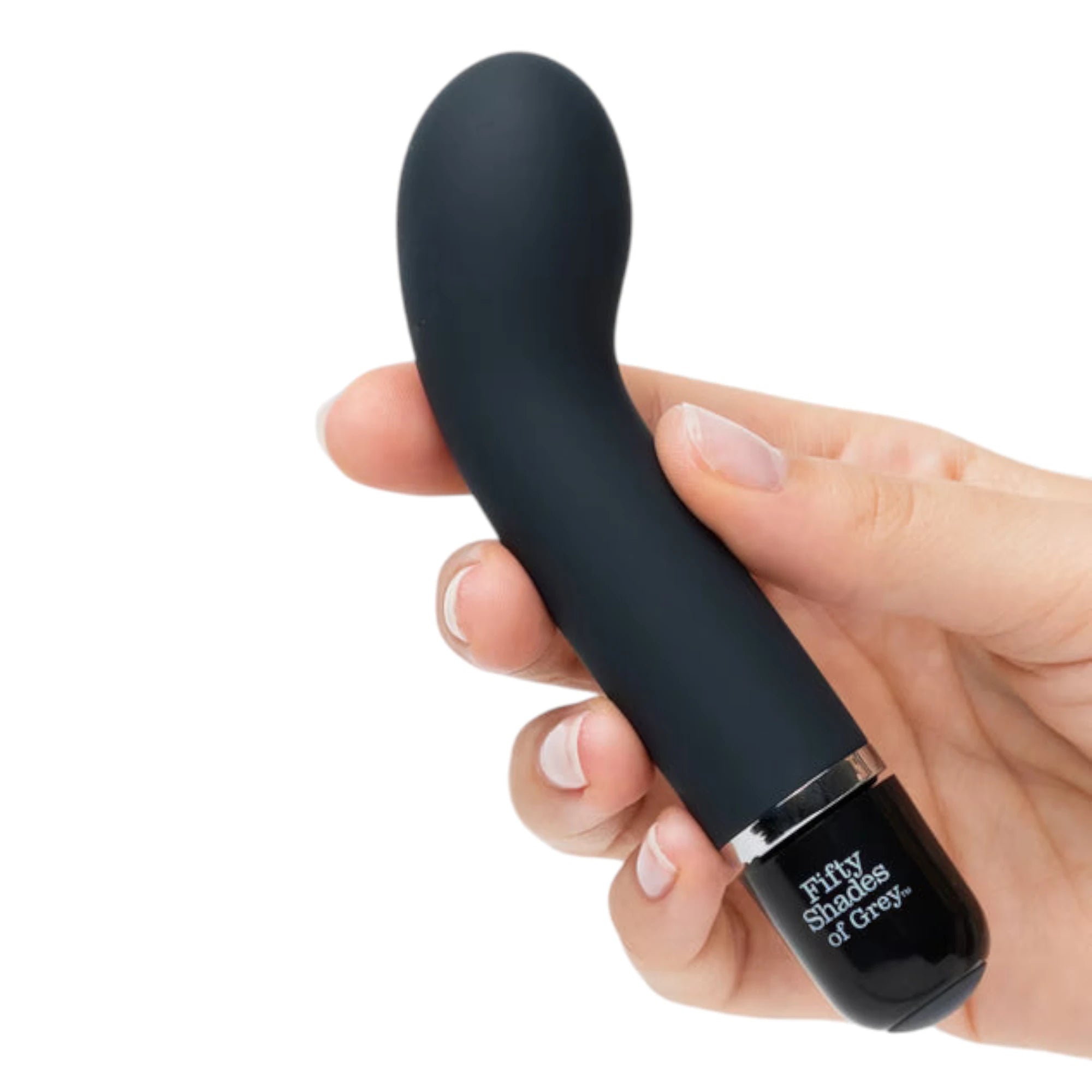 Fifty Shades of Grey Insatiable Desire mini G-spot vibrator in black silicone held in hand displaying curved bulbous tip, slim handle, silver accent ring, and Fifty Shades of Grey branding against white background