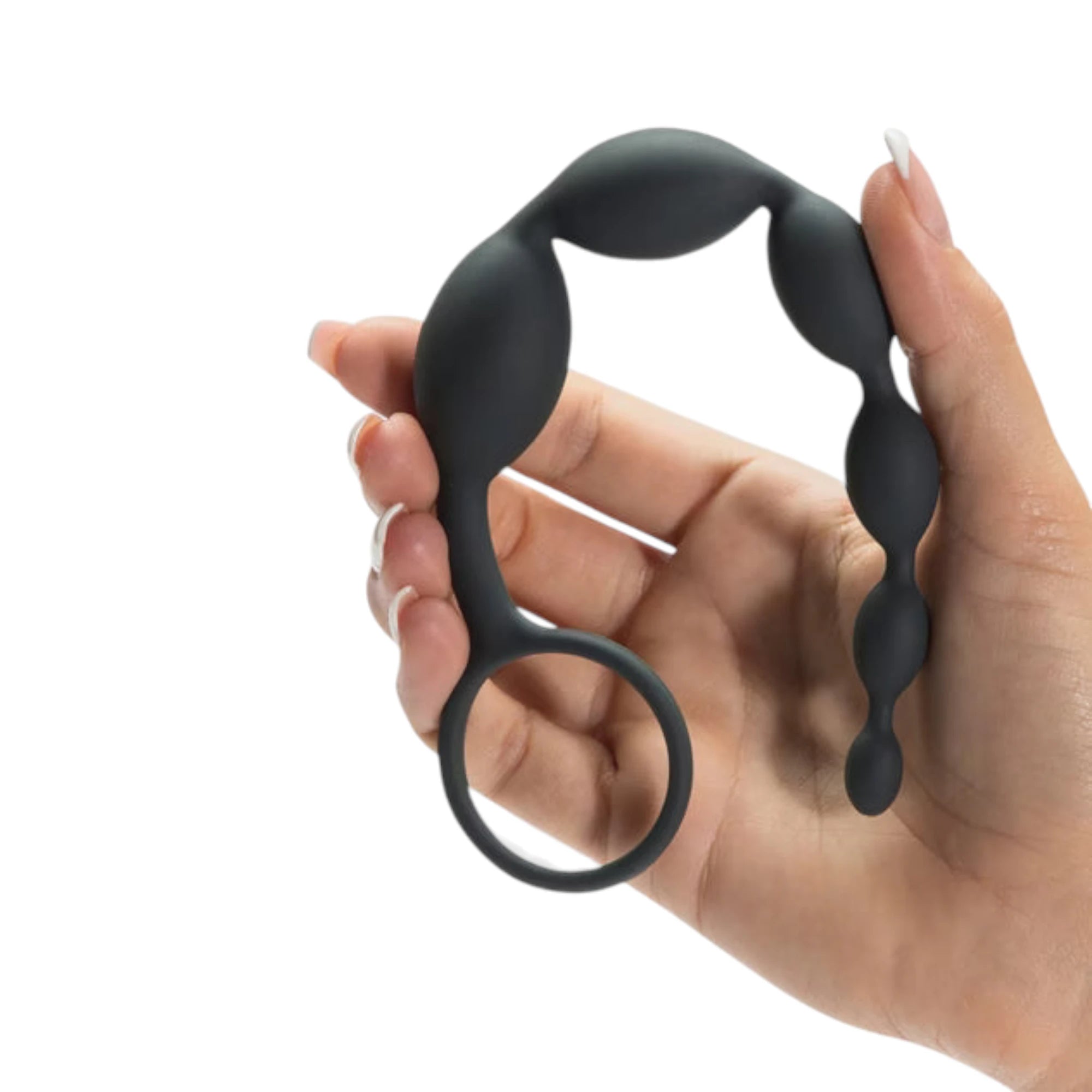 Fifty Shades of Grey Pleasure Intensified silicone anal beads in black held in hand displaying flexible cord connecting graduated beads, retrieval ring at base, and smooth silicone finish demonstrating flexibility against white background