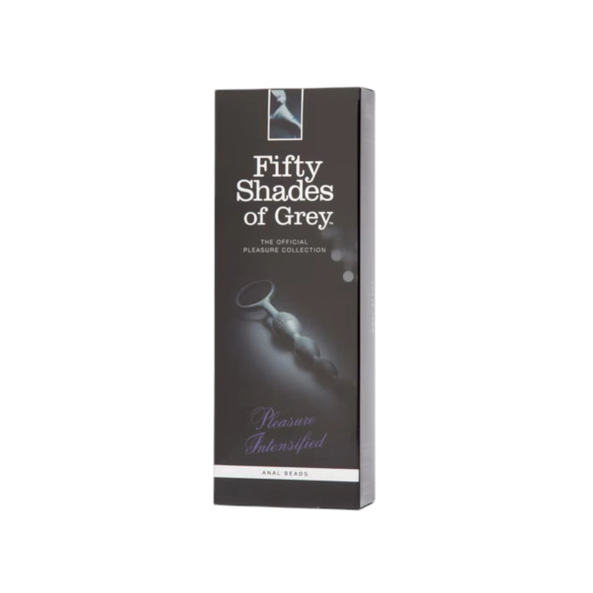 Fifty Shades of Grey Pleasure Intensified silicone anal beads packaging box in dark grey with 'Fifty Shades of Grey The Official Pleasure Collection' branding, product image, 'Pleasure Intensified' text in purple, and 'Anal Beads' label against white background