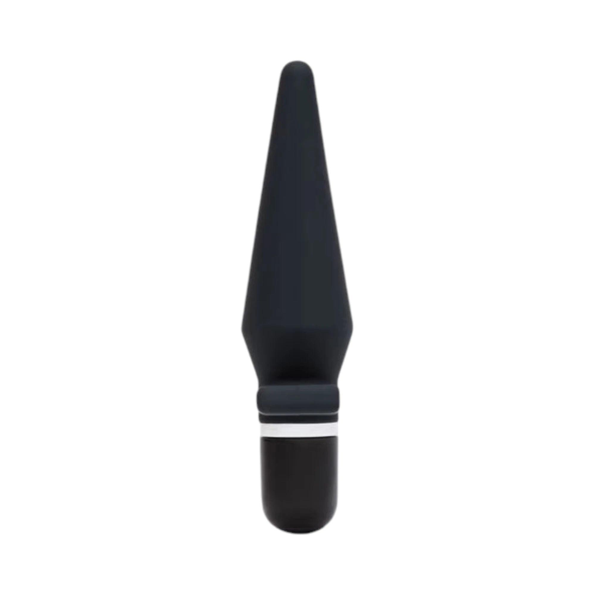 Fifty Shades of Grey Delicious Fullness black vibrating butt plug shown from angled view displaying tapered pointed tip, smooth silicone body, wide flared base, silver accent band, removable vibrator component, and sleek finish against white background