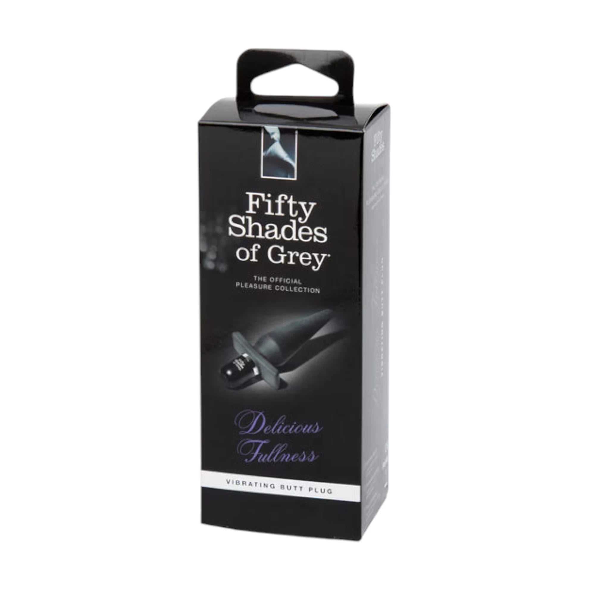 Fifty Shades of Grey Delicious Fullness vibrating butt plug packaging box in black with handle, 'Fifty Shades of Grey The Official Pleasure Collection' branding, product image, 'Delicious Fullness' text, and 'Vibrating Butt Plug' label against white background