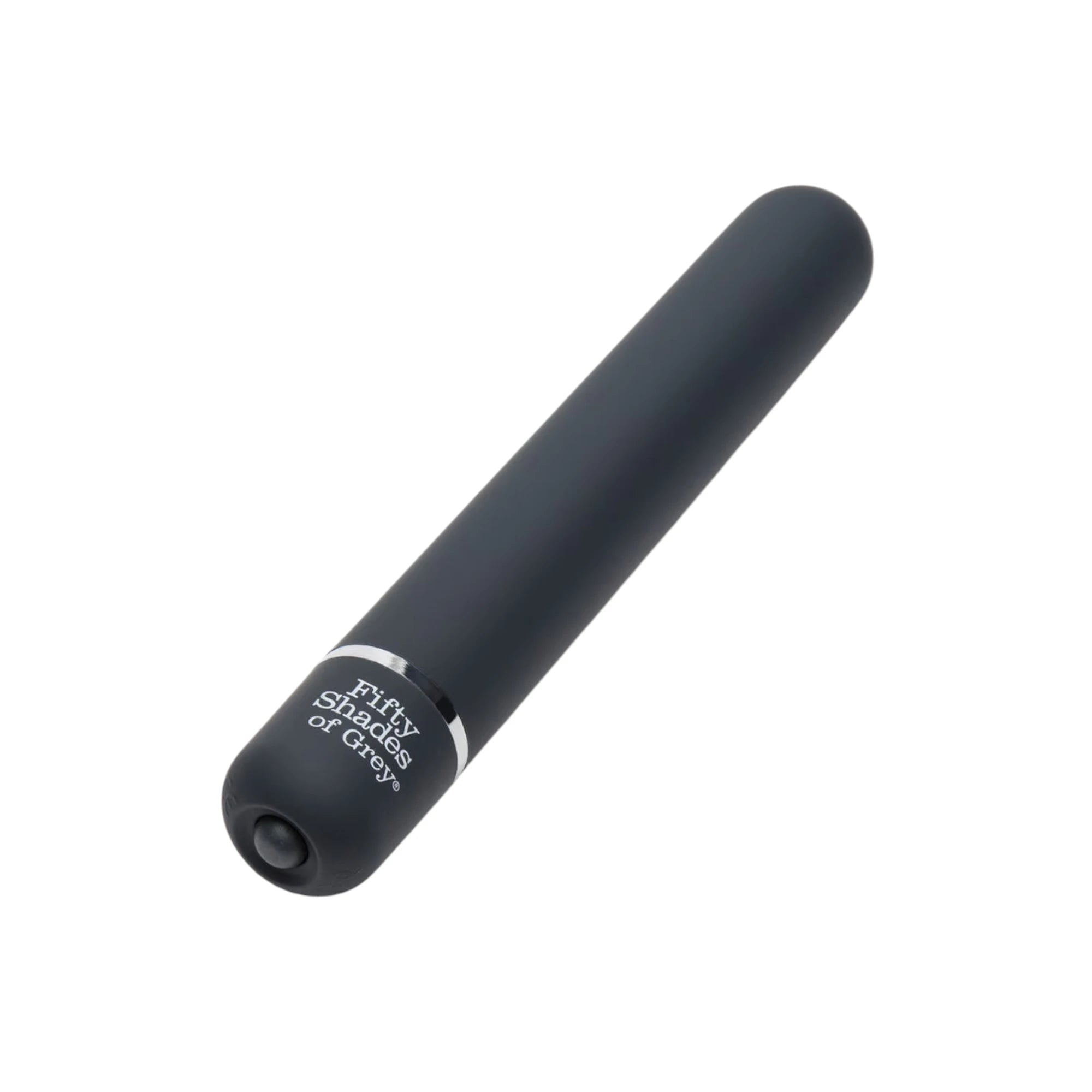 Fifty Shades of Grey Charlie Tango classic vibrator in black shown from side displaying smooth cylindrical shaft, rounded tip, control button at base with Fifty Shades of Grey branding and silver accent bands against white background