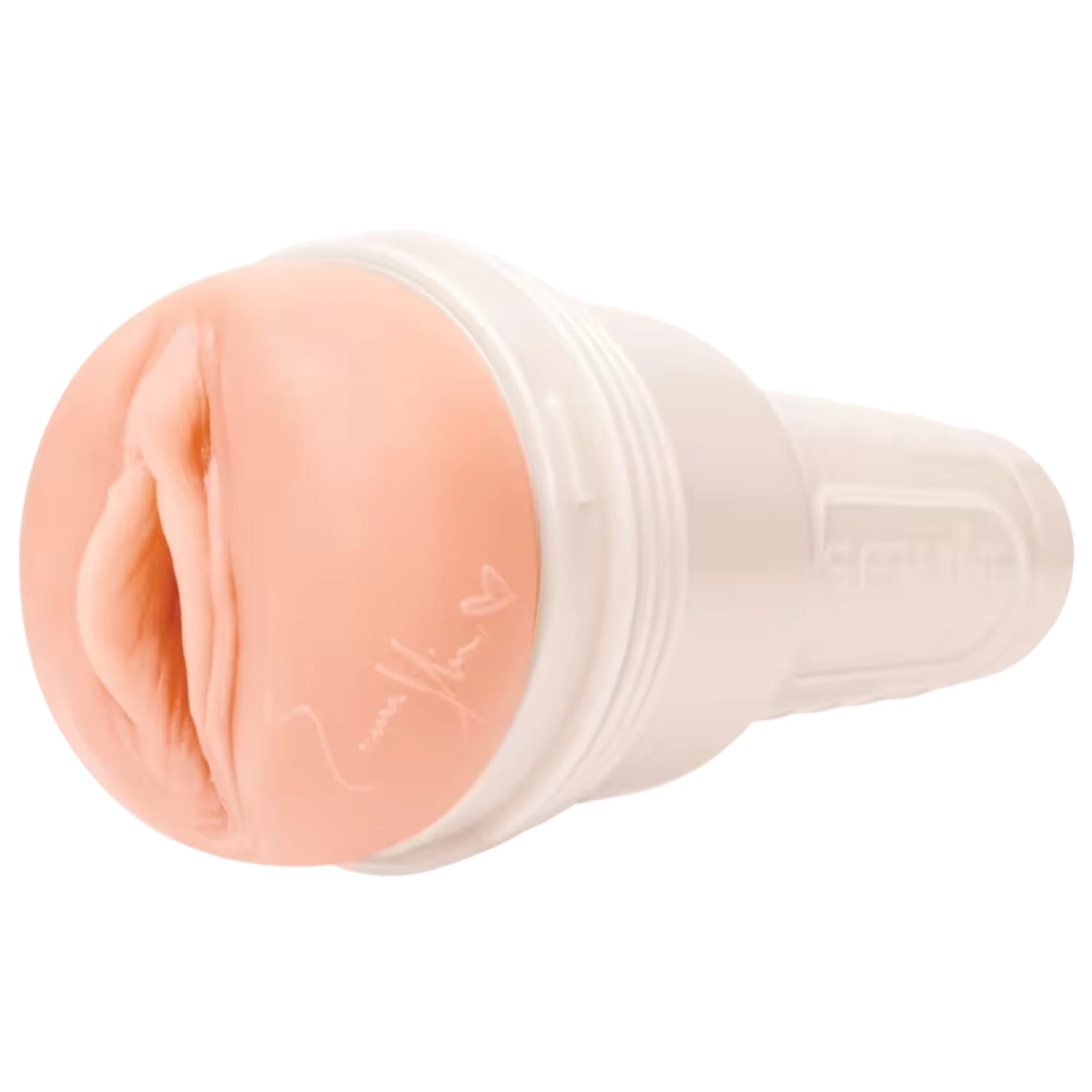 Fleshlight Girls Emma Hix Syrup Texture stroker toy shown from side displaying white cylindrical case with ribbed grip and textured internal sleeve visible against white background