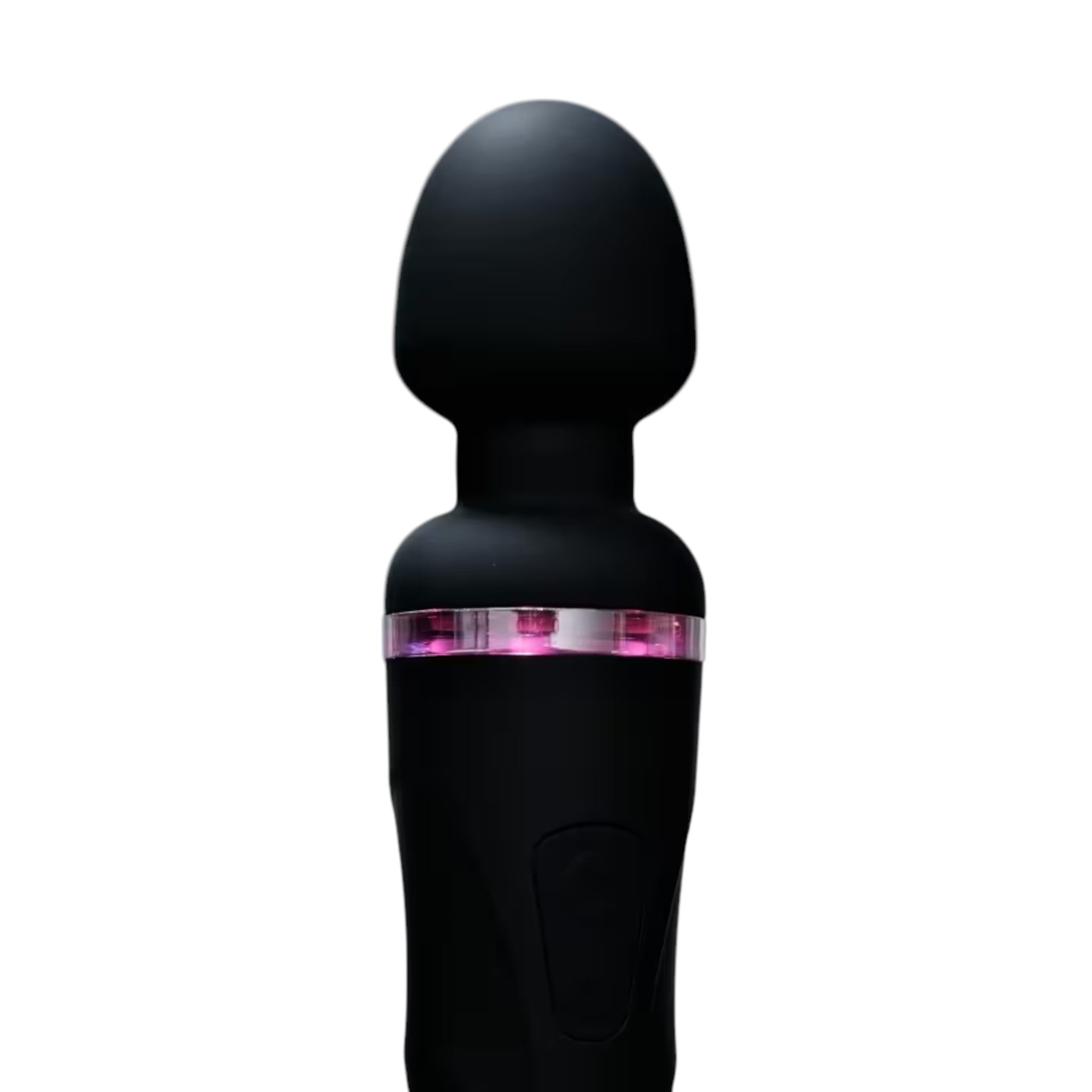 Lovense Domi 2 black rechargeable wand vibrator shown from front displaying rounded head, cylindrical handle, illuminated purple LED accent band, and smooth silicone finish against white background