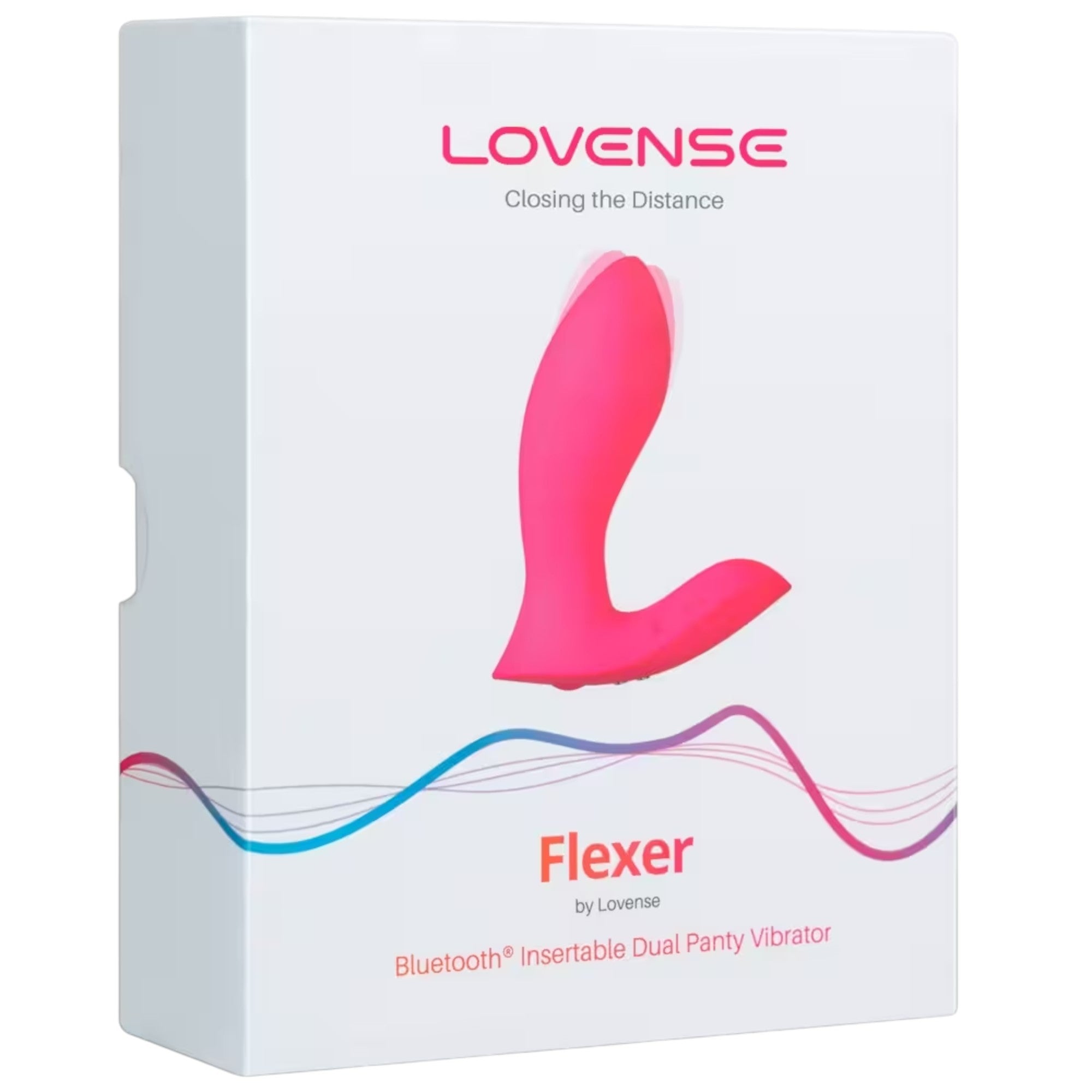 Lovense Flexer packaging box shown from front displaying Lovense branding in pink, 'Closing the Distance' tagline, product image of hot pink hands-free wearable vibrator, 'Flexer' product name, 'by Lovense' text, 'Bluetooth Insertable Dual Panty Vibrator' descriptor, and blue-to-purple gradient wave design against white background