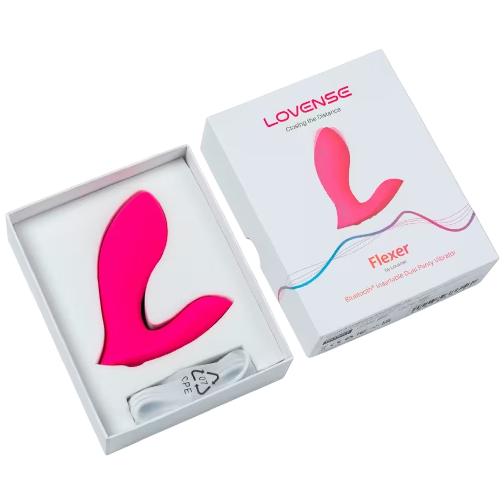 Lovense Flexer packaging displayed open showing white box with Lovense branding and 'Closing the Distance' tagline, hot pink hands-free wearable vibrator nestled in white foam packaging, white charging cable visible, and Flexer product box with 'Bluetooth Insertable Dual Panty Vibrator' descriptor against white background