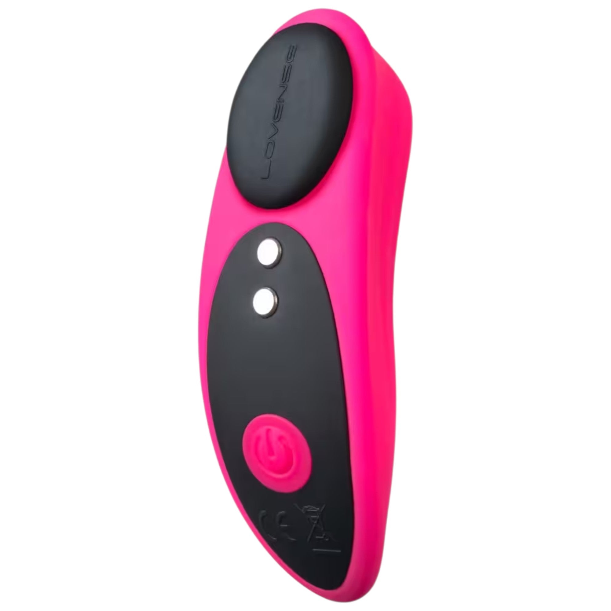 Lovense Ferri hot pink and black wearable knicker vibrator shown from front displaying curved ergonomic shape, black control panel with Lovense branding, two white control buttons, pink circular power button, and smooth silicone finish against white background