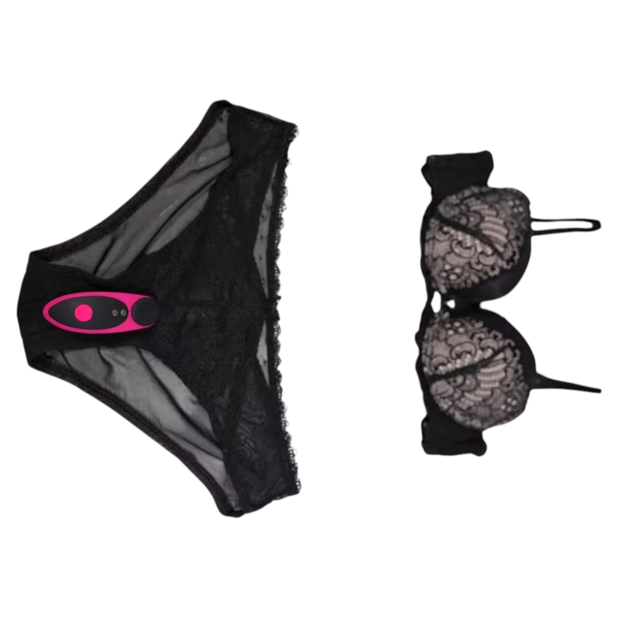 Lovense Ferri black lace panty vibrator displayed flat lay showing wearable knickers with mesh panels, hot pink and black vibrator attachment with control buttons, and dual black lace cups with adjustable straps against white background