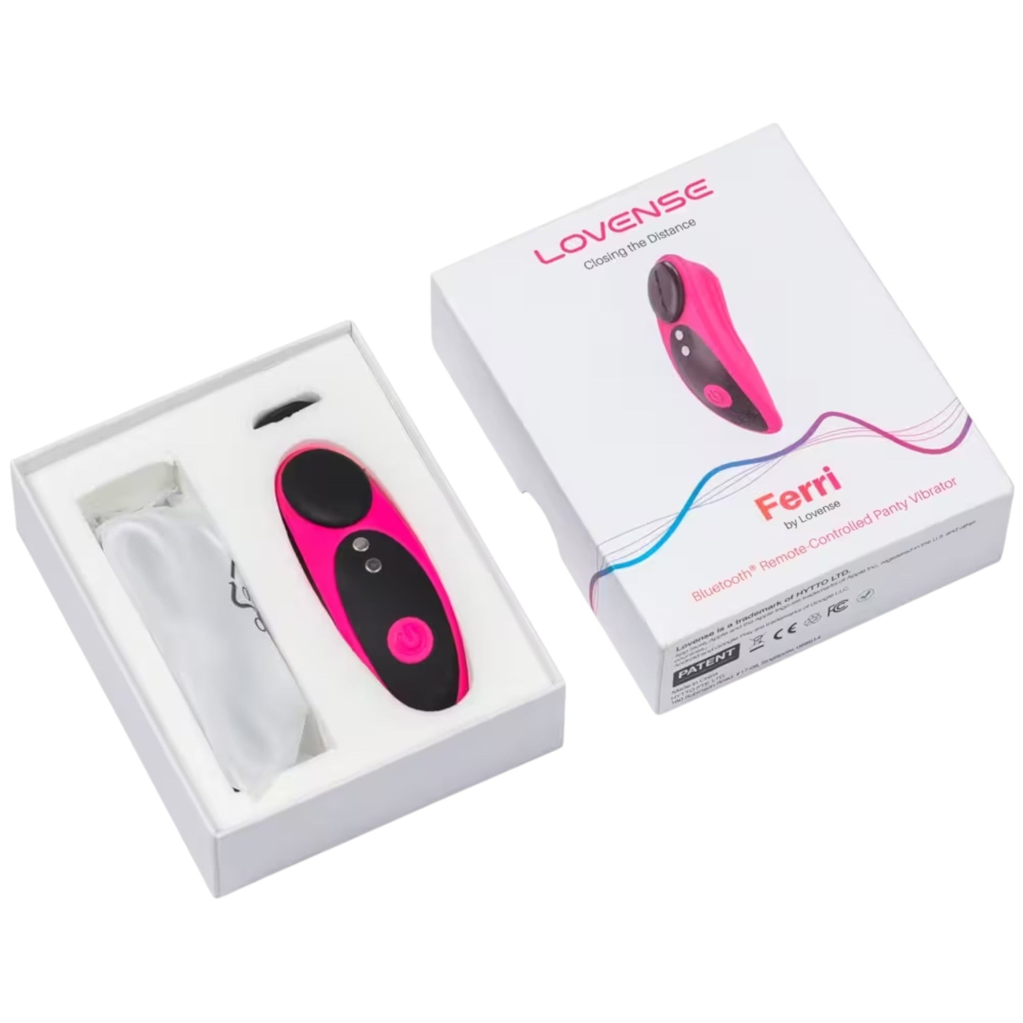 Lovense Ferri packaging displayed open showing white box with Lovense branding and 'Closing the Distance' tagline, hot pink and black vibrator, white charging cable, and instruction materials visible inside white foam packaging against white background