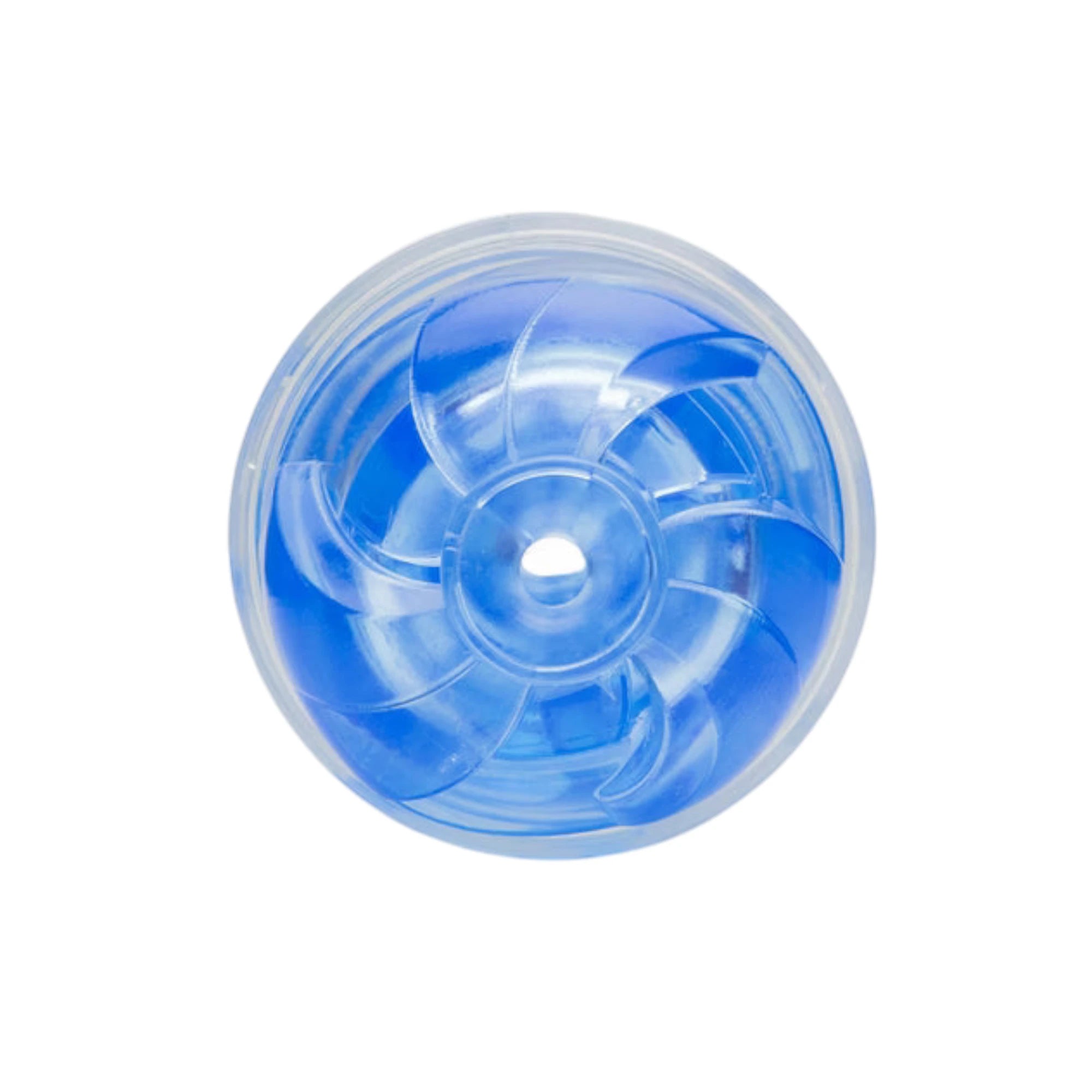 Fleshlight Turbo Thrust blow job masturbator shown from top-down view displaying detailed blue TPE interior texture pattern with spiraling ridges, central opening, and transparent casing against white background