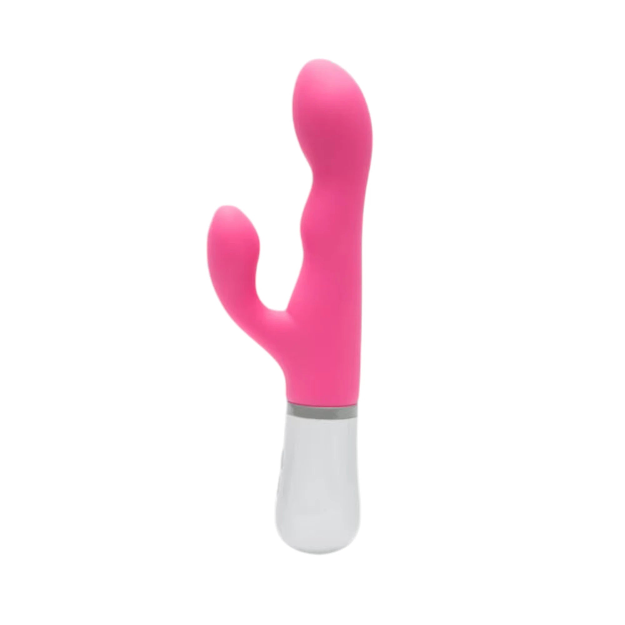Lovense Nora hot pink rotating rabbit vibrator shown from front displaying curved dual-arm design with upper clitoral stimulator and lower G-spot arm, white silicone handle with grey accent band, smooth finish, and ergonomic shape against white background