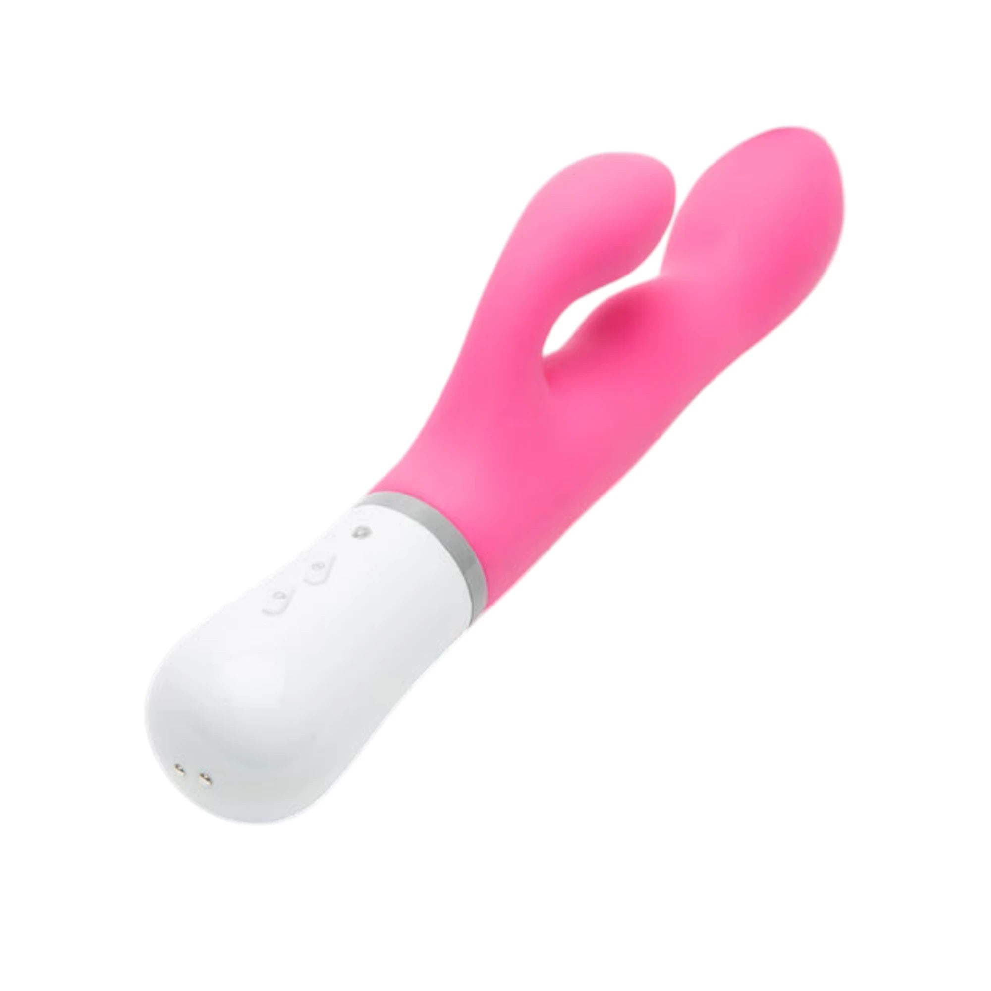 Lovense Nora hot pink and white rotating rabbit vibrator displayed at 3/4 angle showing curved dual-stimulation arms, rounded clitoral bulb, internal rotating arm, white handle with grey accent band, control buttons, and smooth silicone finish against white background