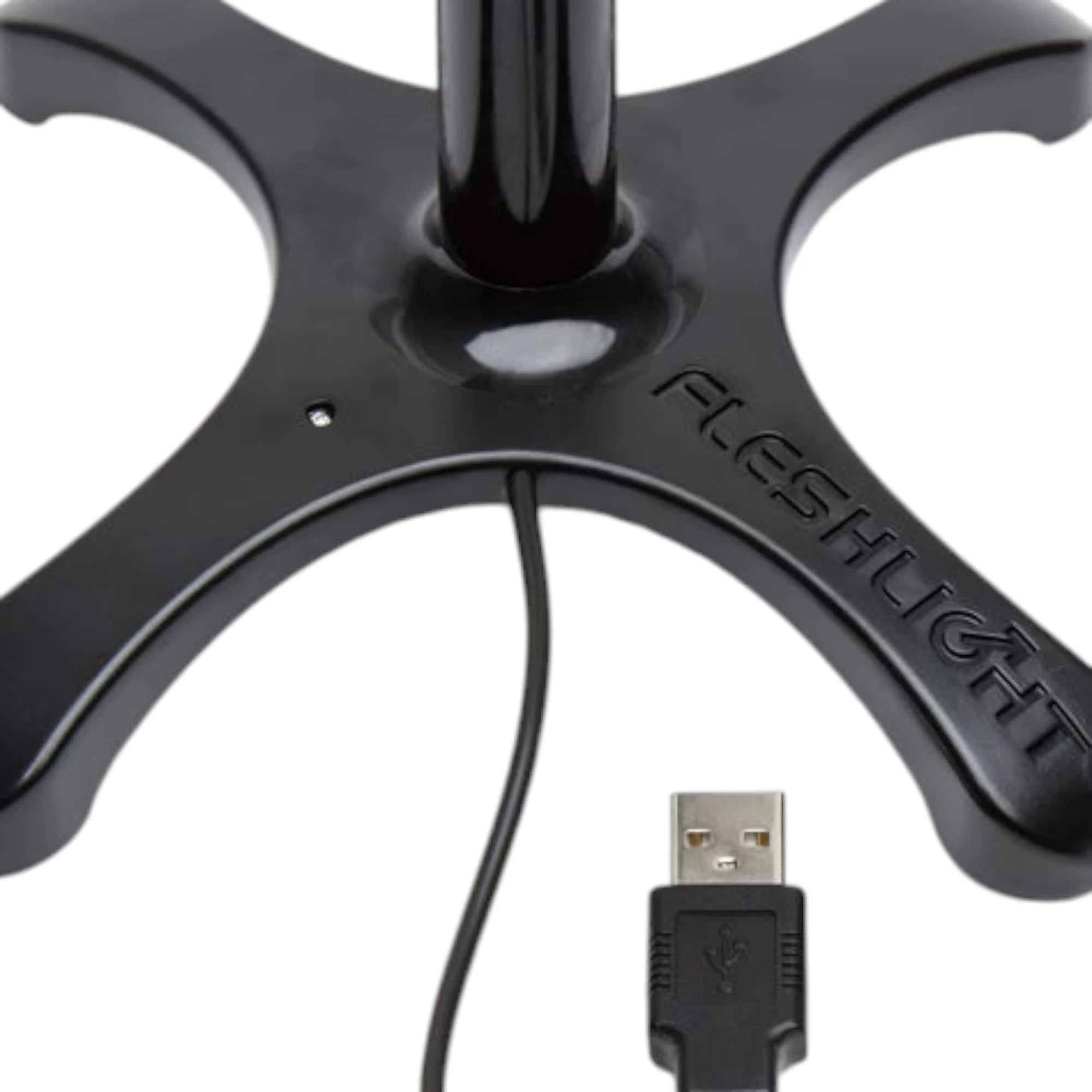 Fleshlight Sleeve Warmer USB-powered warming rod shown from top-down view displaying black stand base with rod holder, curved arms, Fleshlight branding, and USB charging cable against white background
