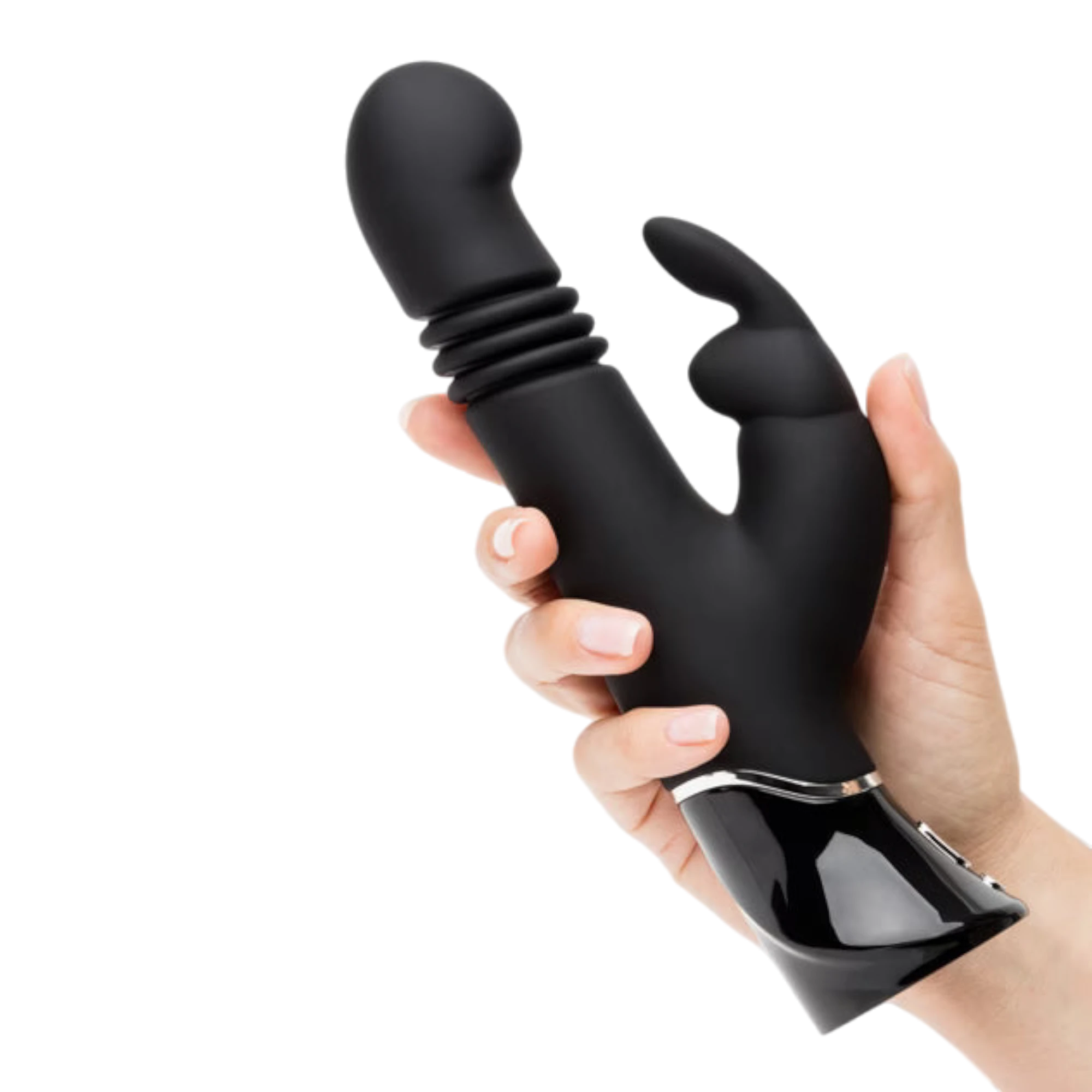 Fifty Shades of Grey Greedy Girl black thrusting rabbit vibrator held in hand displaying curved dual-stimulation design, rounded clitoral arm, textured shaft section, white accent band, control base, and ergonomic grip against transparent background