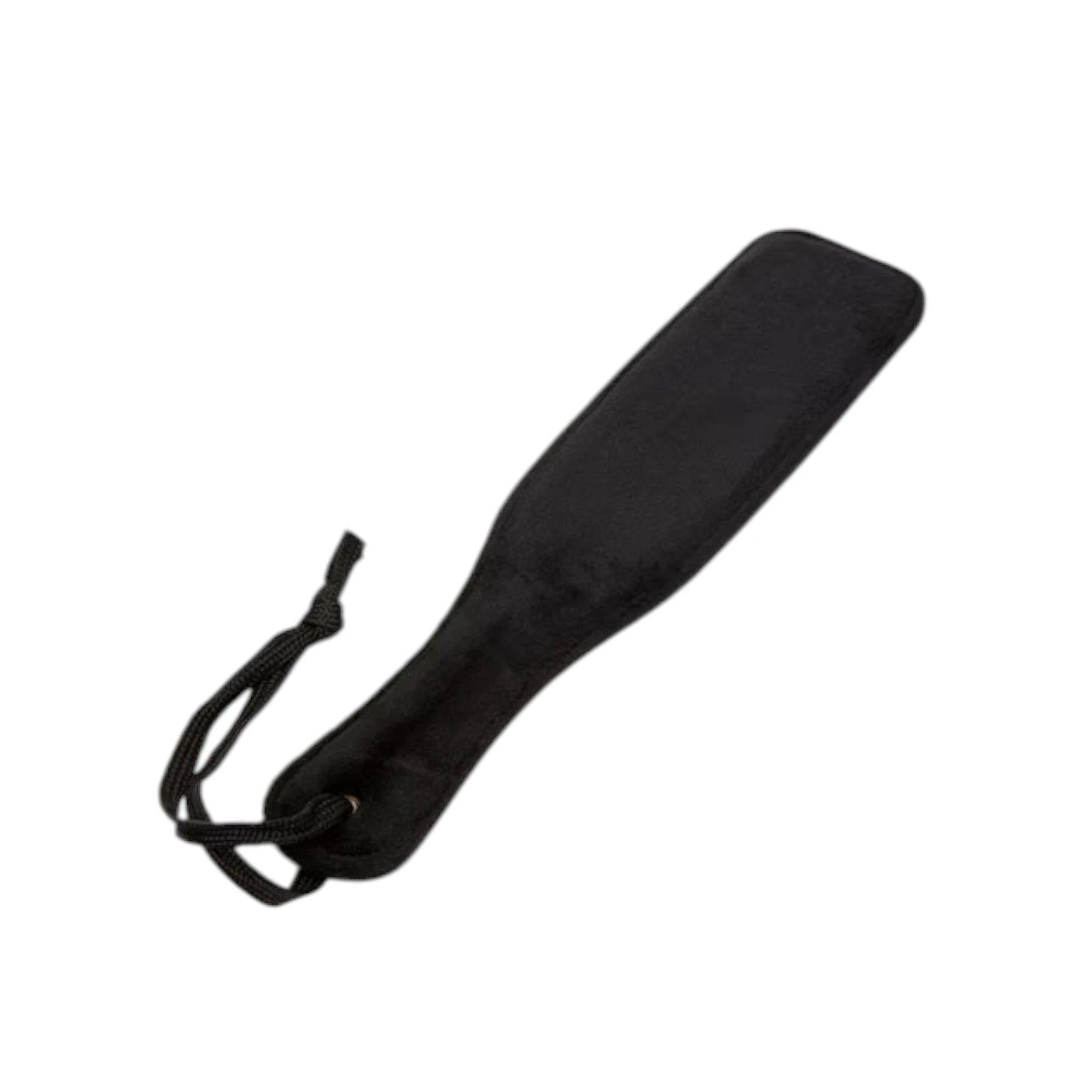 Fifty Shades of Grey Bound to You faux leather small spanking paddle in black shown from side displaying flat paddle head profile, handle with wrist strap and gold grommet, and smooth faux leather surface against white background