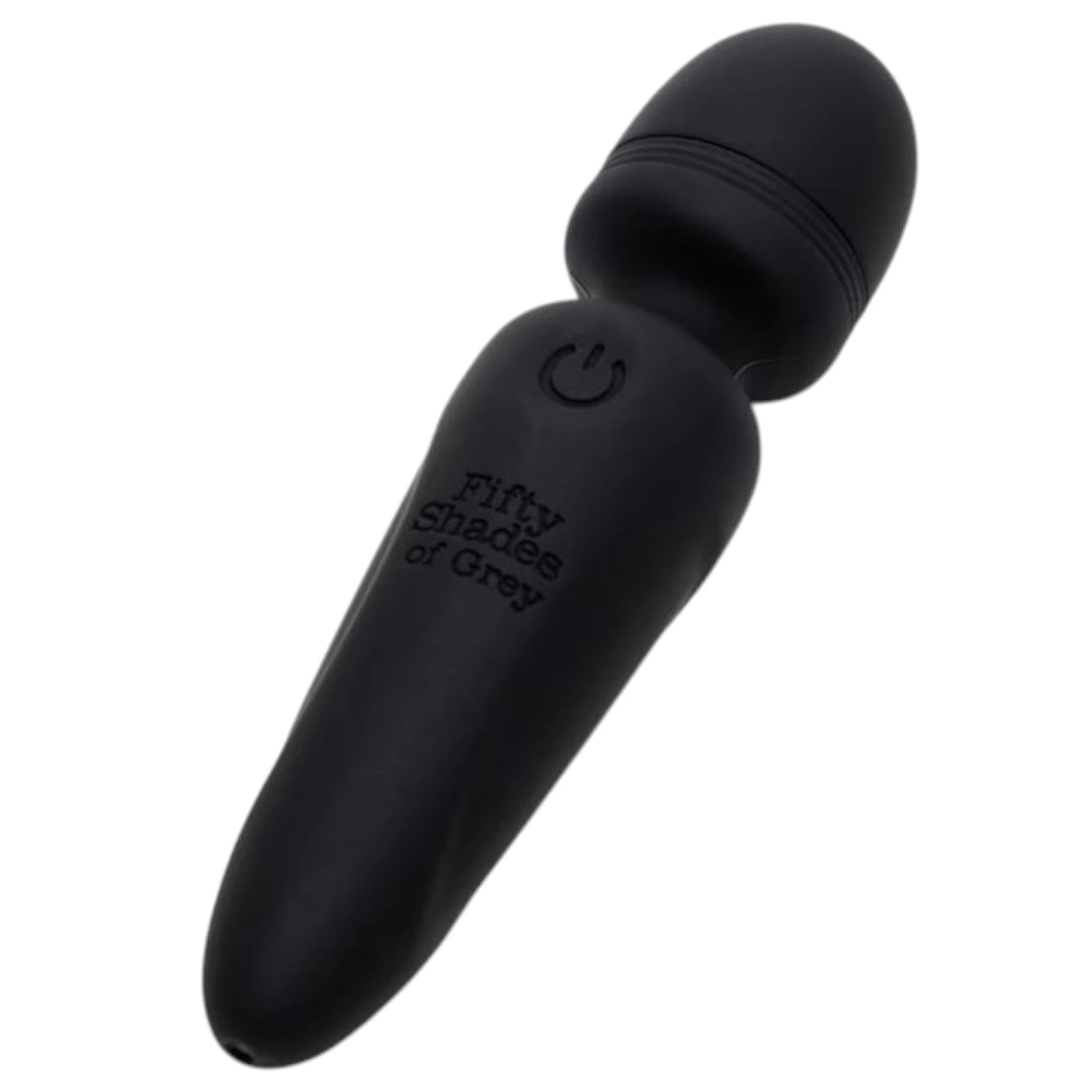 Fifty Shades of Grey Sensation black rechargeable mini wand vibrator shown from 3/4 angle displaying rounded bulbous head, ergonomic handle with power button icon, embossed product branding, textured grip band, and smooth silicone finish against white background