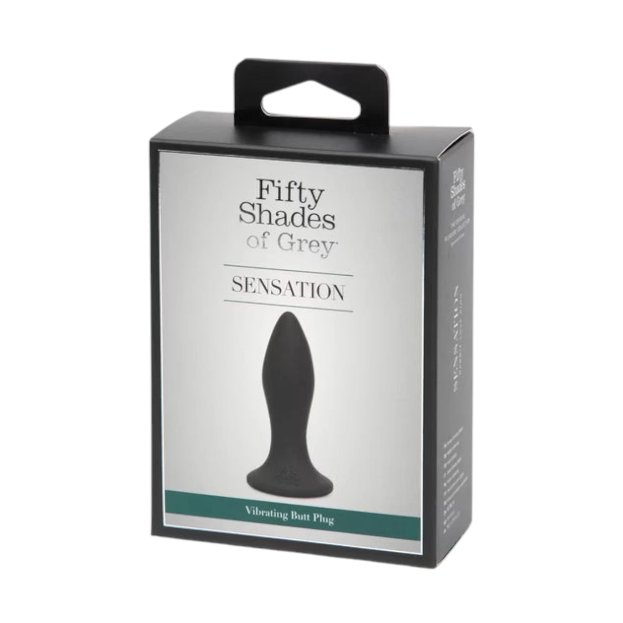 Fifty Shades of Grey Sensation rechargeable vibrating butt plug packaging box in black and white with handle, 'Fifty Shades of Grey Sensation' branding, product image, teal 'Vibrating Butt Plug' label, and product specifications on side against white background