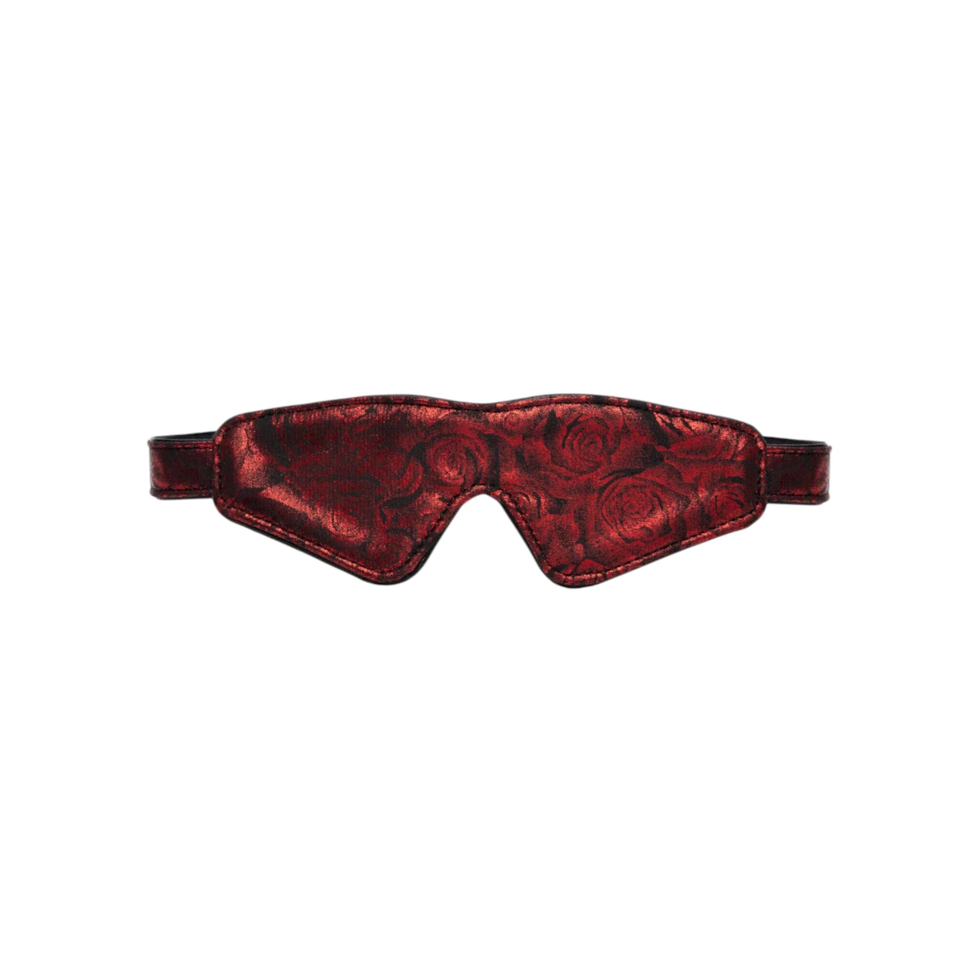 Fifty Shades of Grey Sweet Anticipation reversible faux leather blindfold in burgundy red with rose damask pattern shown from front displaying padded eye cups, adjustable fabric straps, and smooth faux leather finish against white background