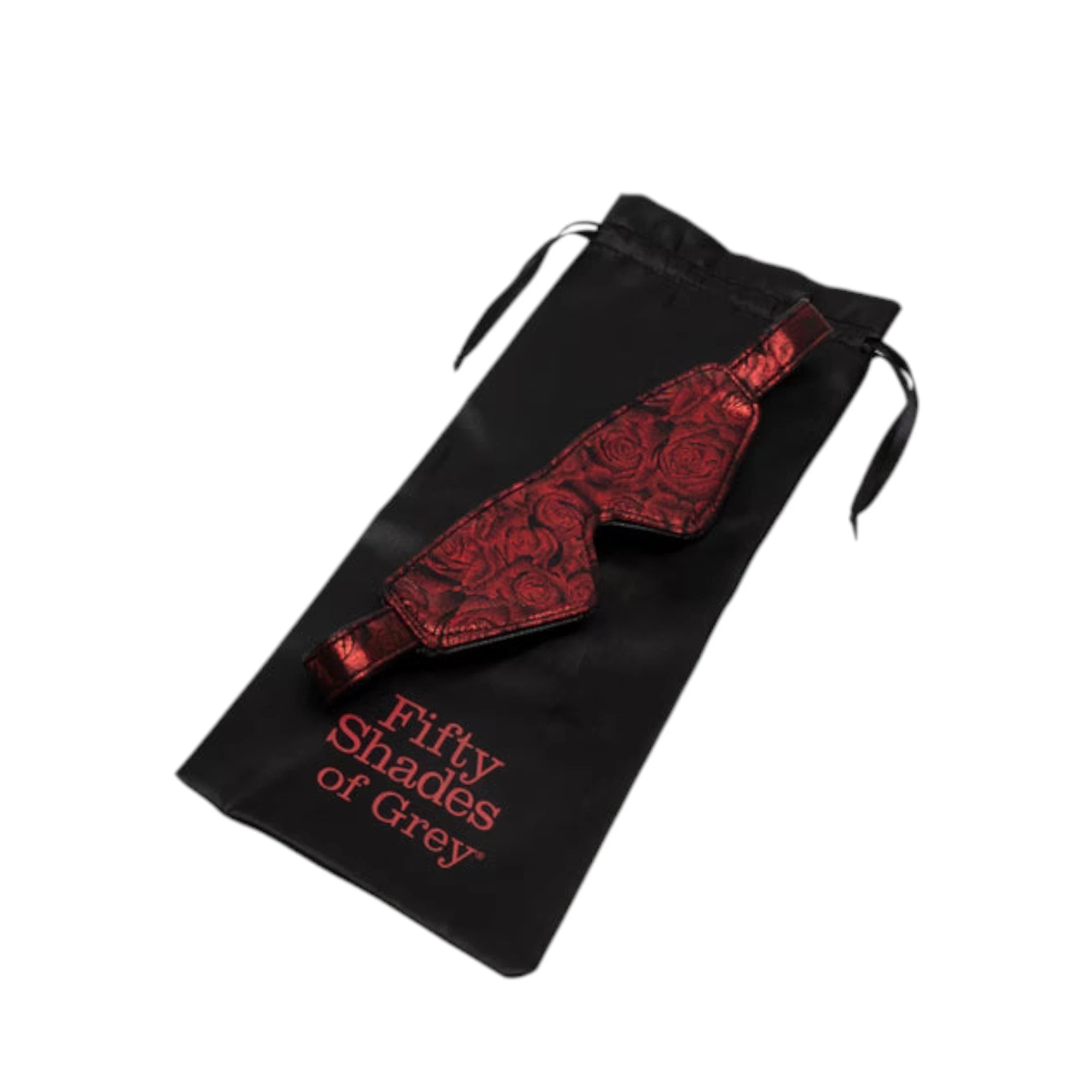 Fifty Shades of Grey Sweet Anticipation reversible faux leather blindfold displayed with black satin storage pouch featuring drawstring closure and 'Fifty Shades of Grey' branding in burgundy red, showing rose damask pattern and adjustable fabric straps against white background