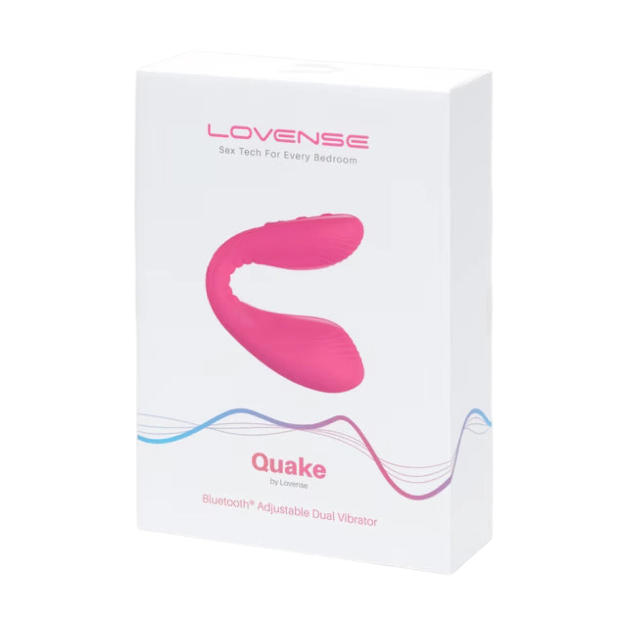Lovense Quake hot pink adjustable dual vibrator packaging box shown from front displaying product image, Lovense branding in pink, 'Sex Tech For Every Bedroom' tagline, 'Quake' product name, 'by Lovense' text, 'Bluetooth Adjustable Dual Vibrator' descriptor, and blue-to-purple gradient wave design against white background