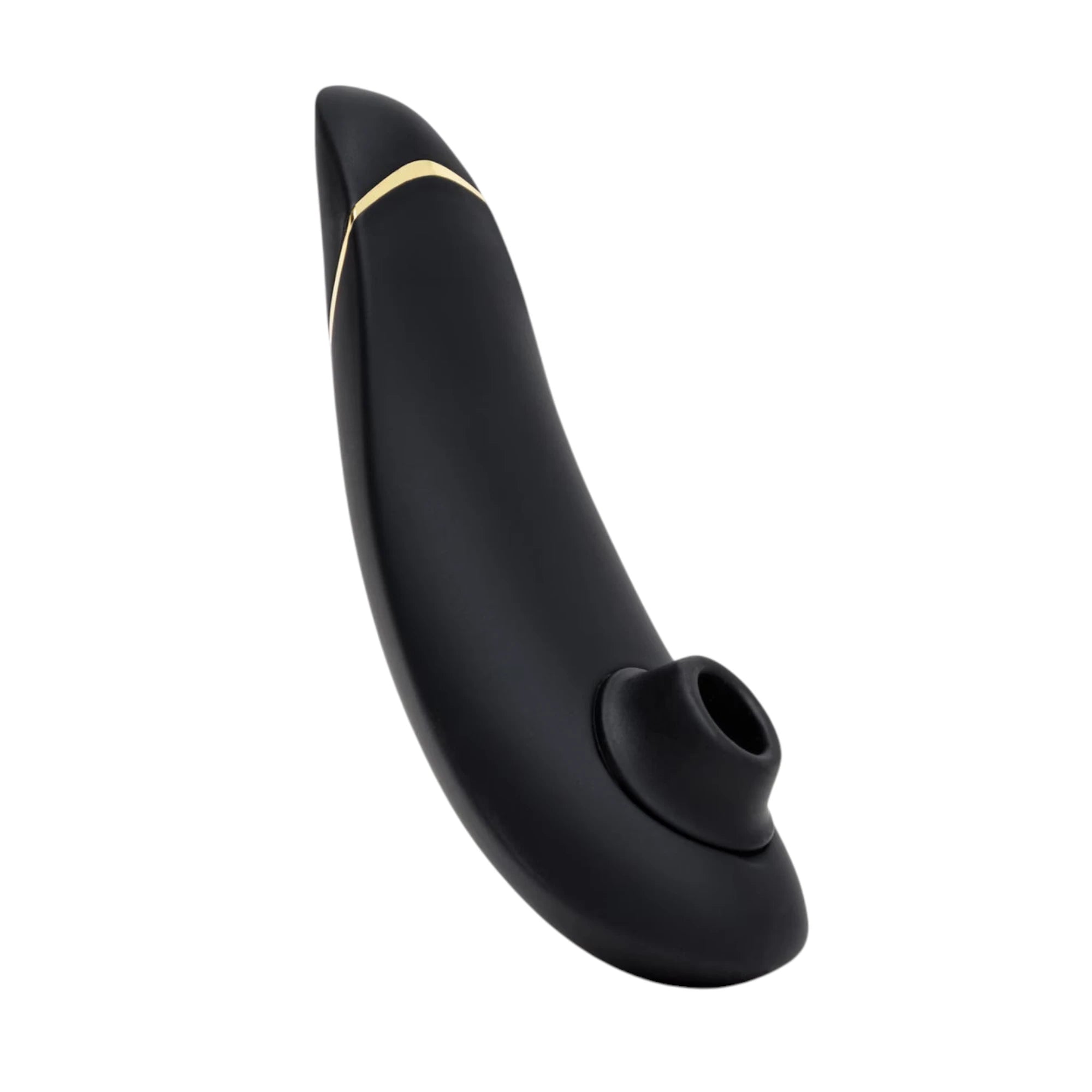Womanizer Premium 2 black clitoral suction vibrator with gold accent band against white background