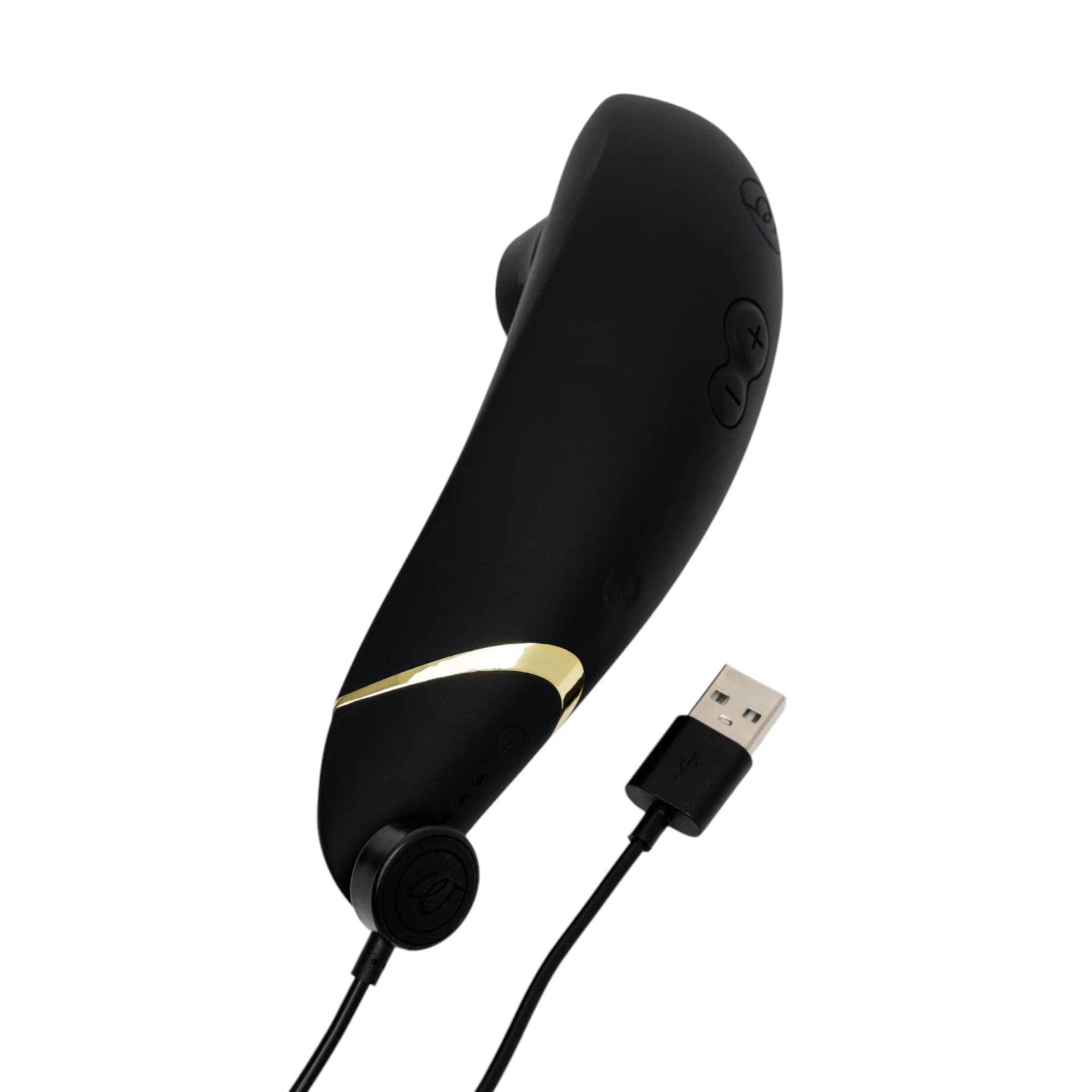 Womanizer Premium 2 black clitoral suction vibrator with gold accent band and USB charging cable against white background