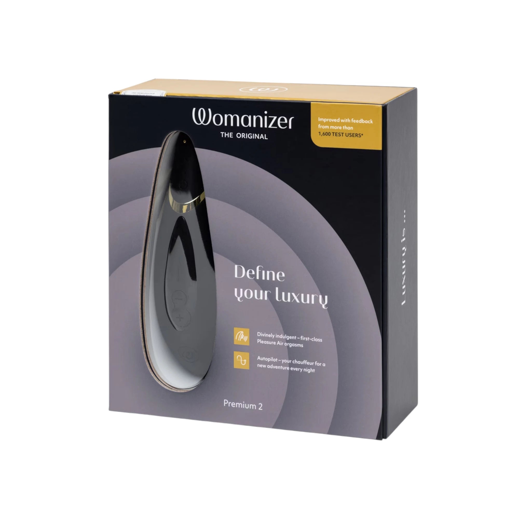 Womanizer Premium 2 packaging box with product image, gold accents, and "Define your luxury" tagline against white background