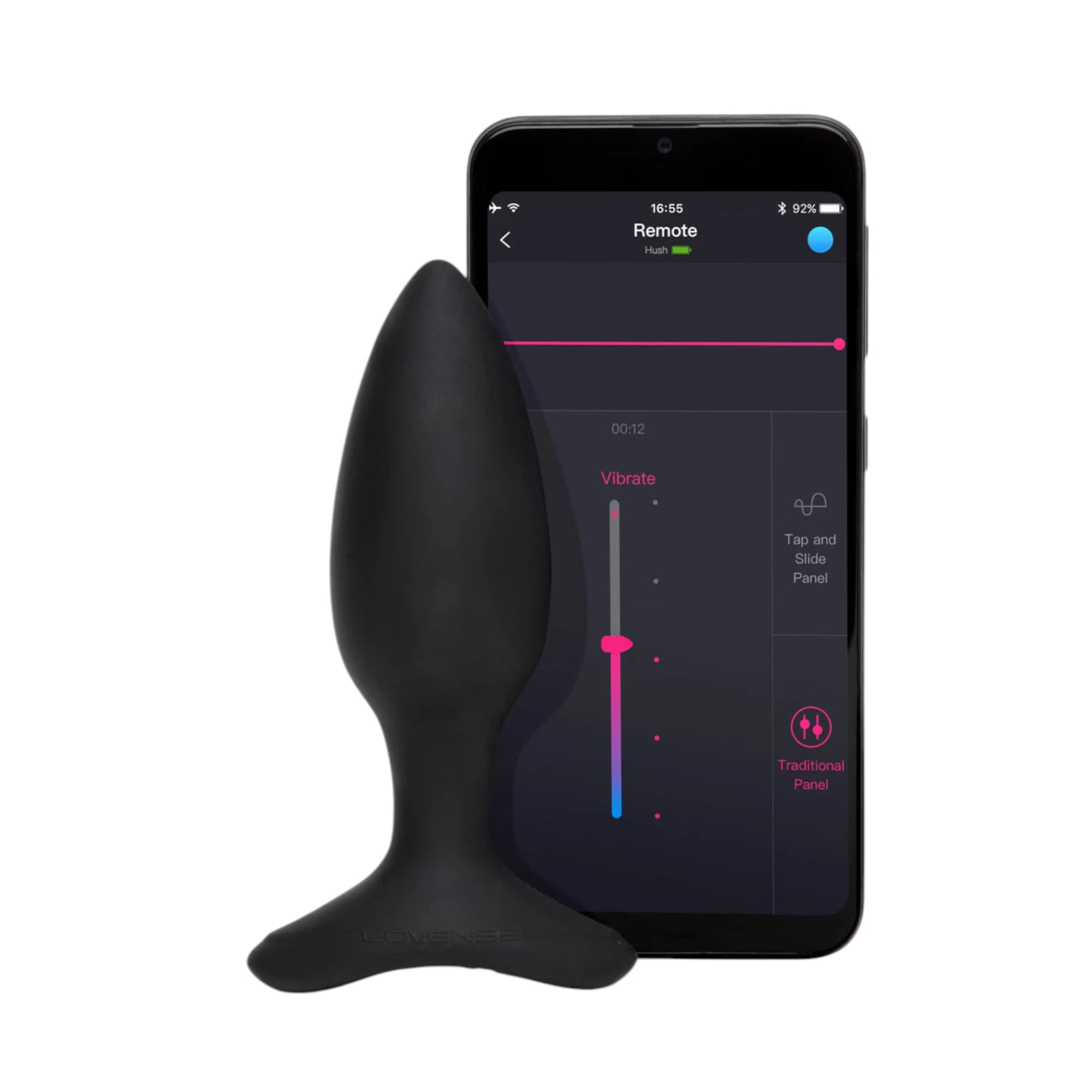 Lovense Hush 2 black vibrating butt plug displayed next to smartphone showing Lovense app remote control interface with pink vibration intensity slider, 00:12 timer, Vibrate control, Tap and Slide Panel, and Traditional Panel options at 16:55 against white background