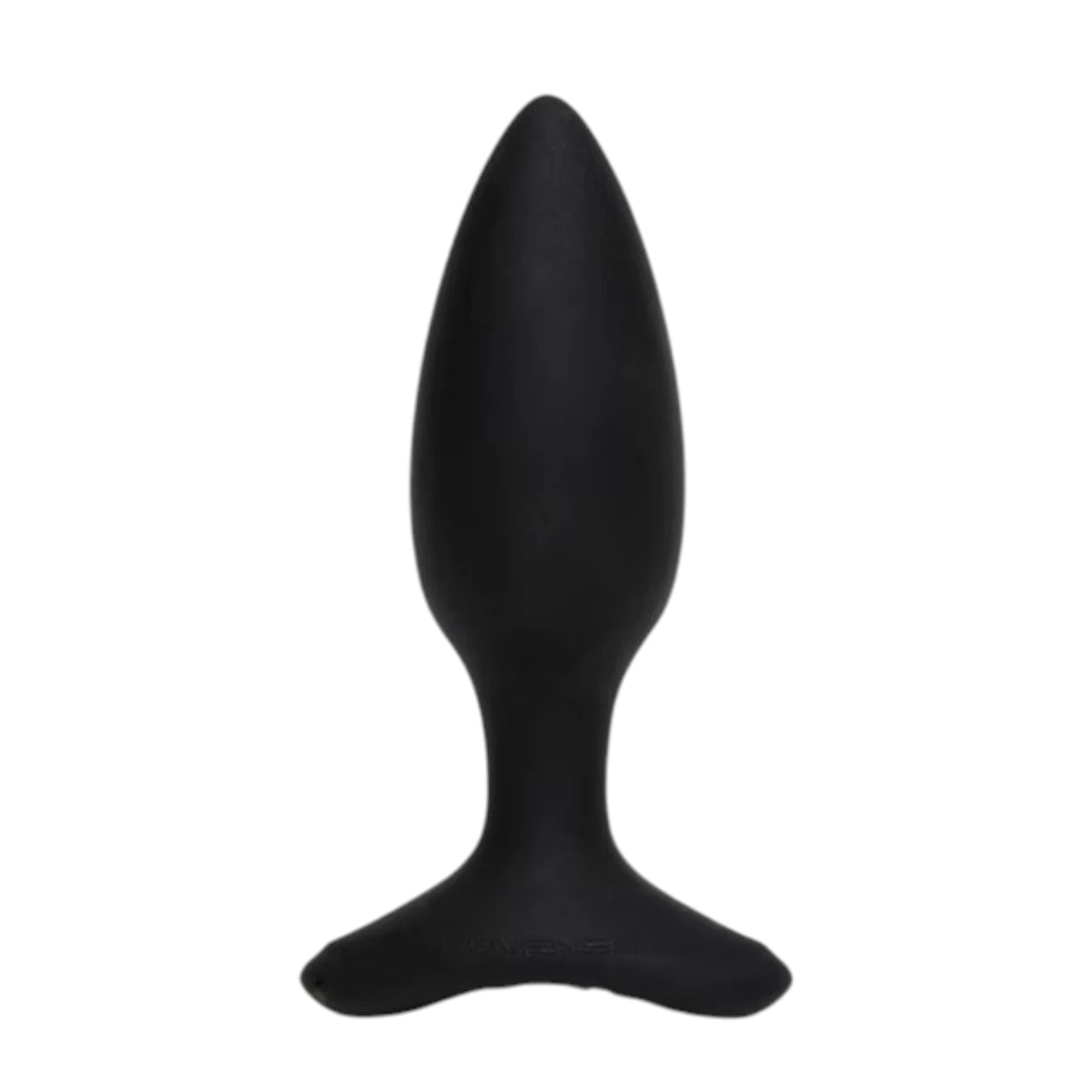 Lovense Hush 2 black vibrating butt plug shown from front displaying tapered pointed tip, smooth silicone body, flared triangular base, and sleek finish against white background