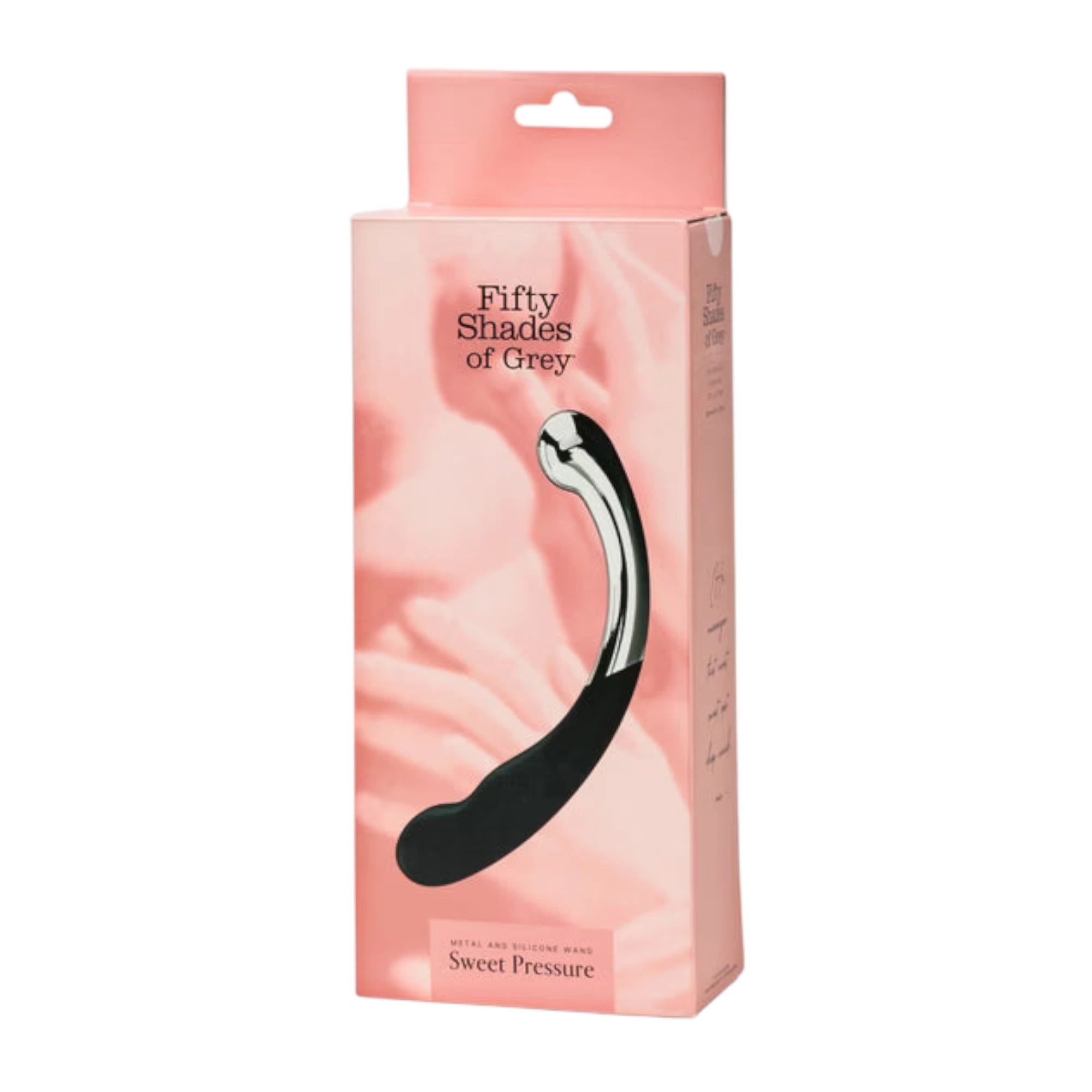 Fifty Shades of Grey Sweet Pressure dark steel and silicone double-ended dildo packaging box in pale pink with product image, 'Fifty Shades of Grey' branding, 'Metal and Silicone Wand' and 'Sweet Pressure' text, and hanging tab against white background