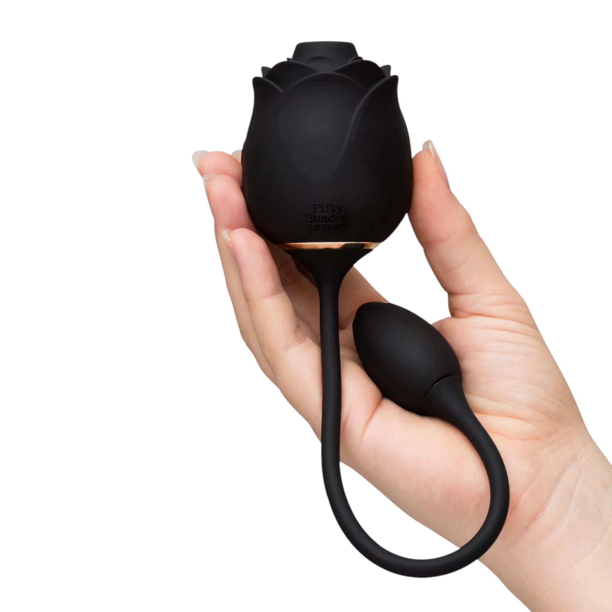 Fifty Shades of Grey Dark Blushing Rose clitoral suction stimulator and vibrating egg held in hand displaying black silicone rose-shaped suction head, gold accent band, remote control egg with connecting cord, and smooth finish against white background