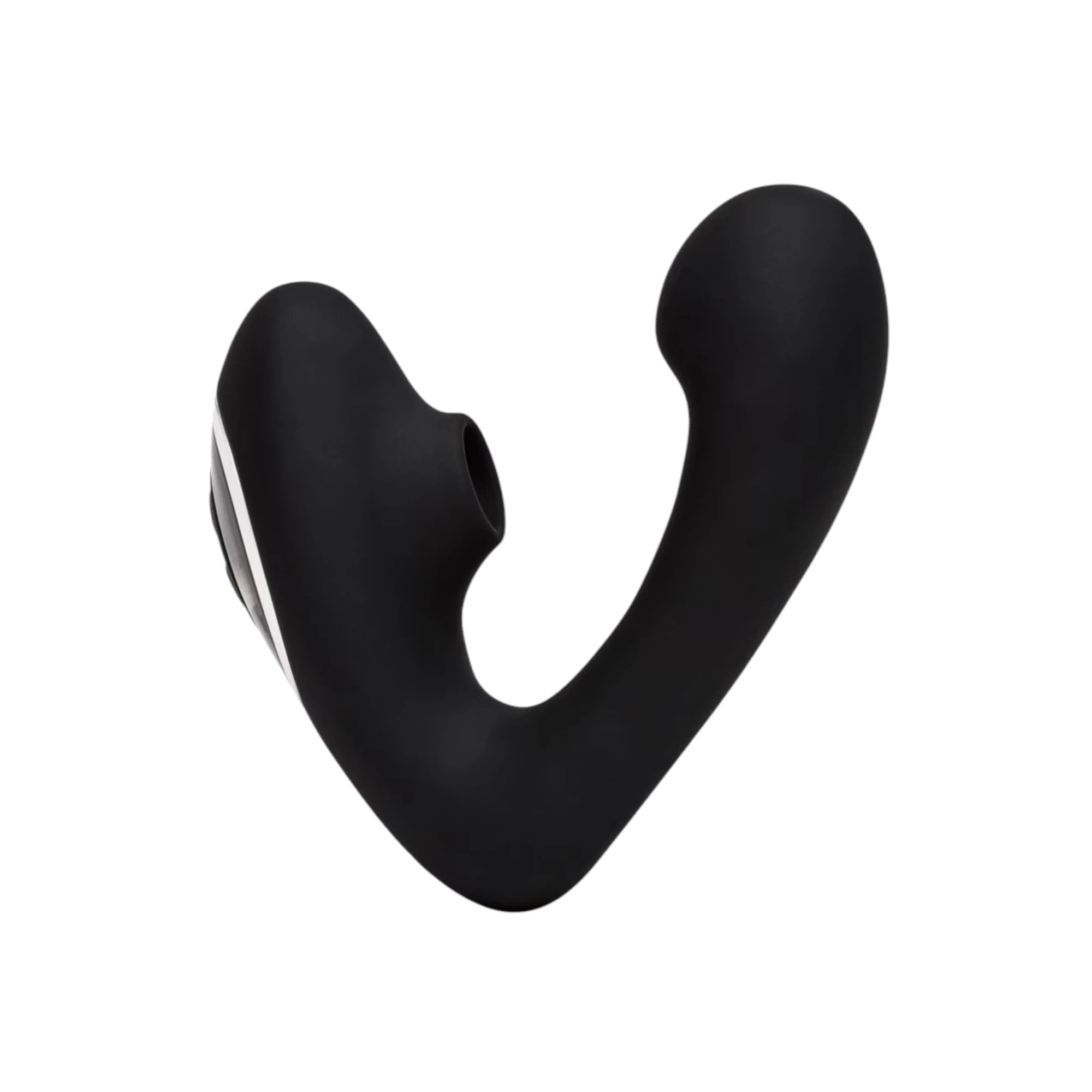Fifty Shades of Grey Greedy Girl Duet dual stimulator in black silicone shown from front displaying curved G-spot shaft, external clitoral suction arm with textured tip, smooth finish, and silver accent band against white background