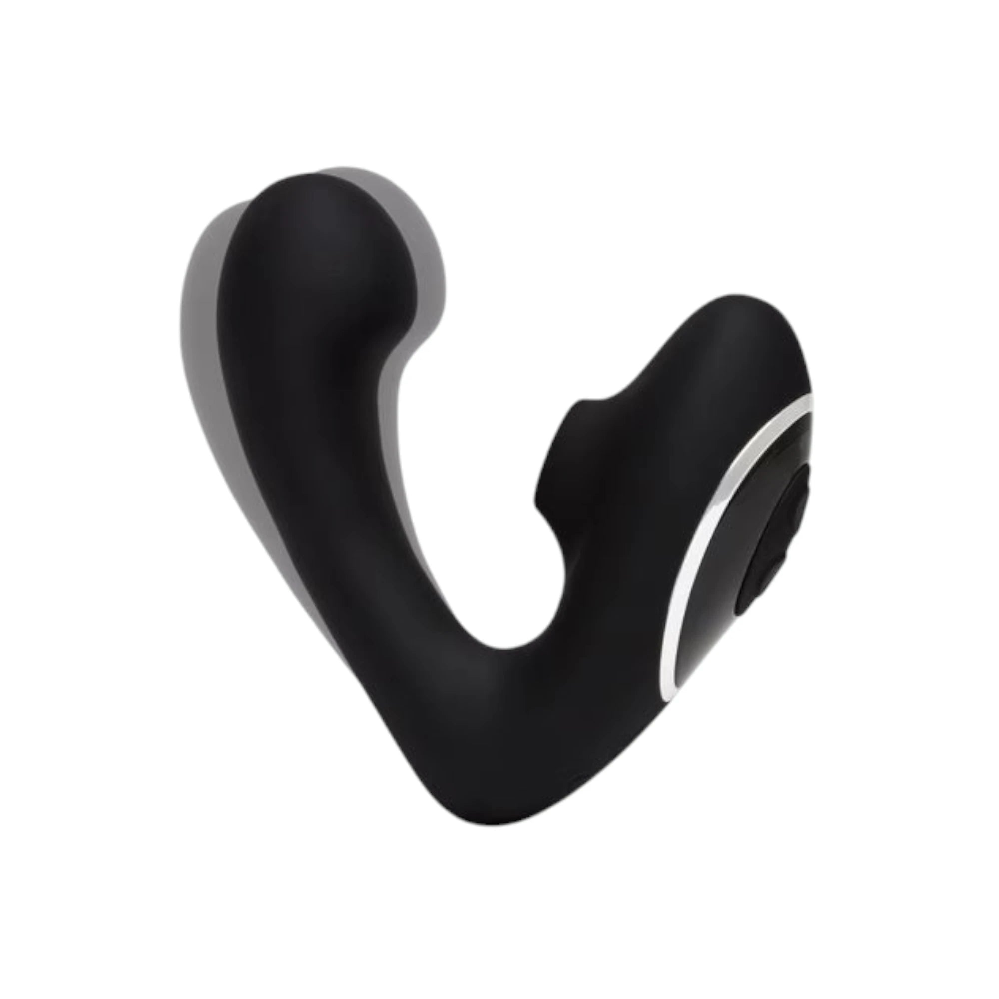 Fifty Shades of Grey Greedy Girl Duet dual stimulator in black silicone shown from 3D angle displaying curved G-spot shaft, external clitoral suction arm, smooth silicone finish, and silver accent bands against white background