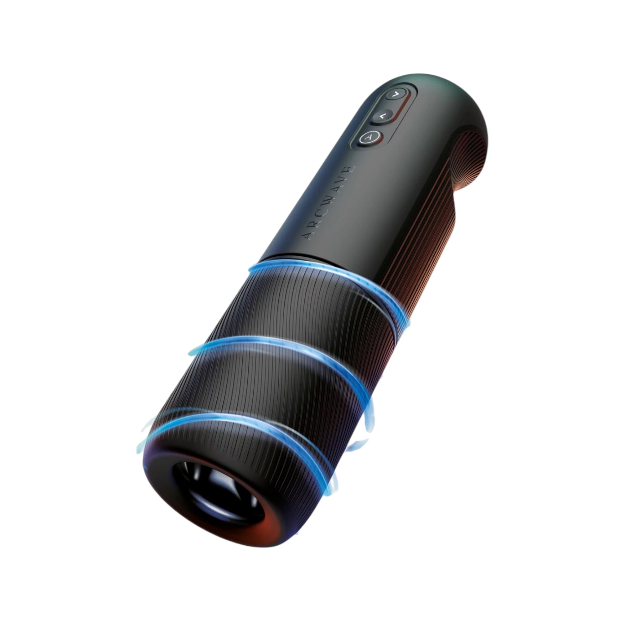 Arcwave Orbit black automatic rotating male masturbator shown at angle displaying control buttons at top, textured grip section, blue rotation effect lines, and open entrance against white background