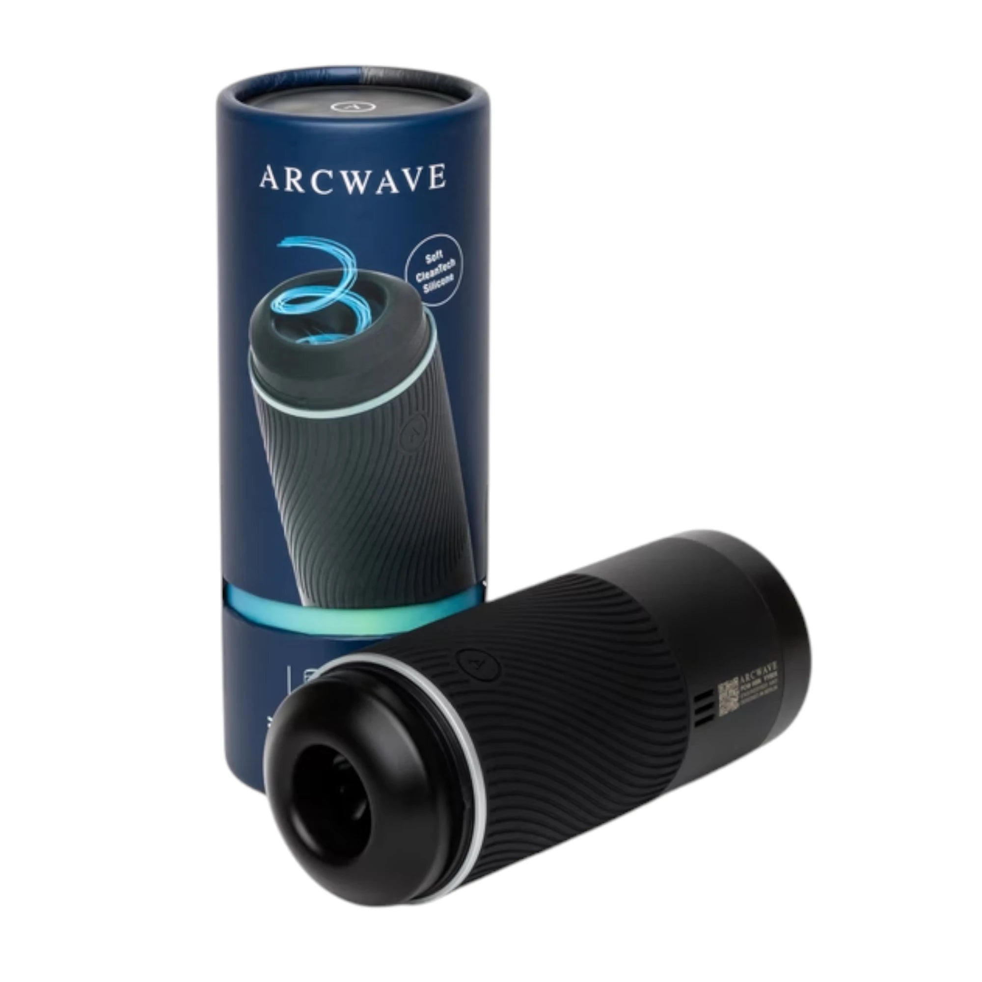 Arcwave Pow packaging box in dark blue with product illustration and 'Soft Pleasure Chamber' badge, displayed with black silicone dual-entrance suction control male masturbator against white background