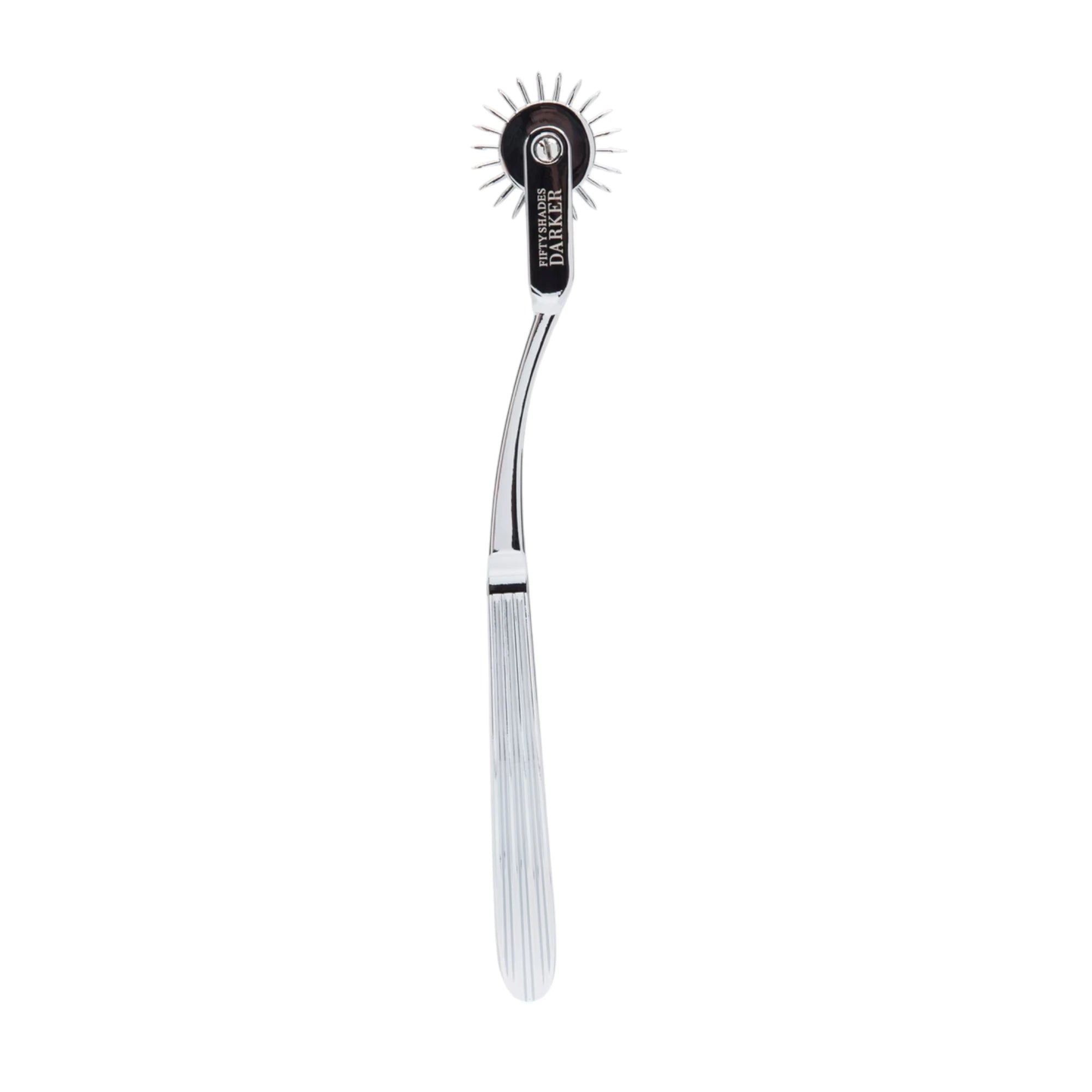 Fifty Shades Darker Adrenaline Spikes metal pinwheel shown full length, featuring a silver handle with ridged grip and a spiked rotating wheel at the tip with Fifty Shades Darker branding against a white background.