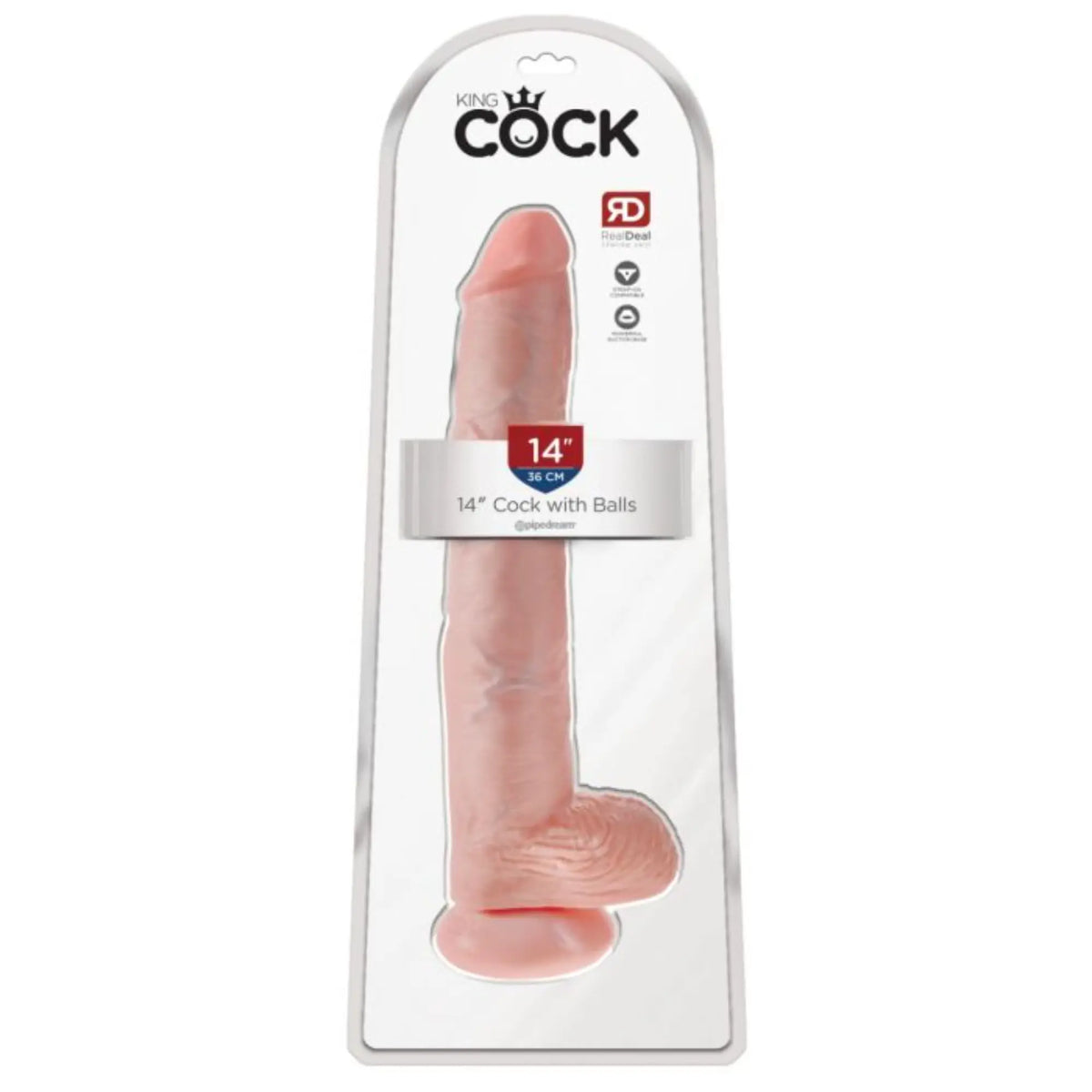 Pipedream King Cock 14 inch cock with balls in retail packaging against white background