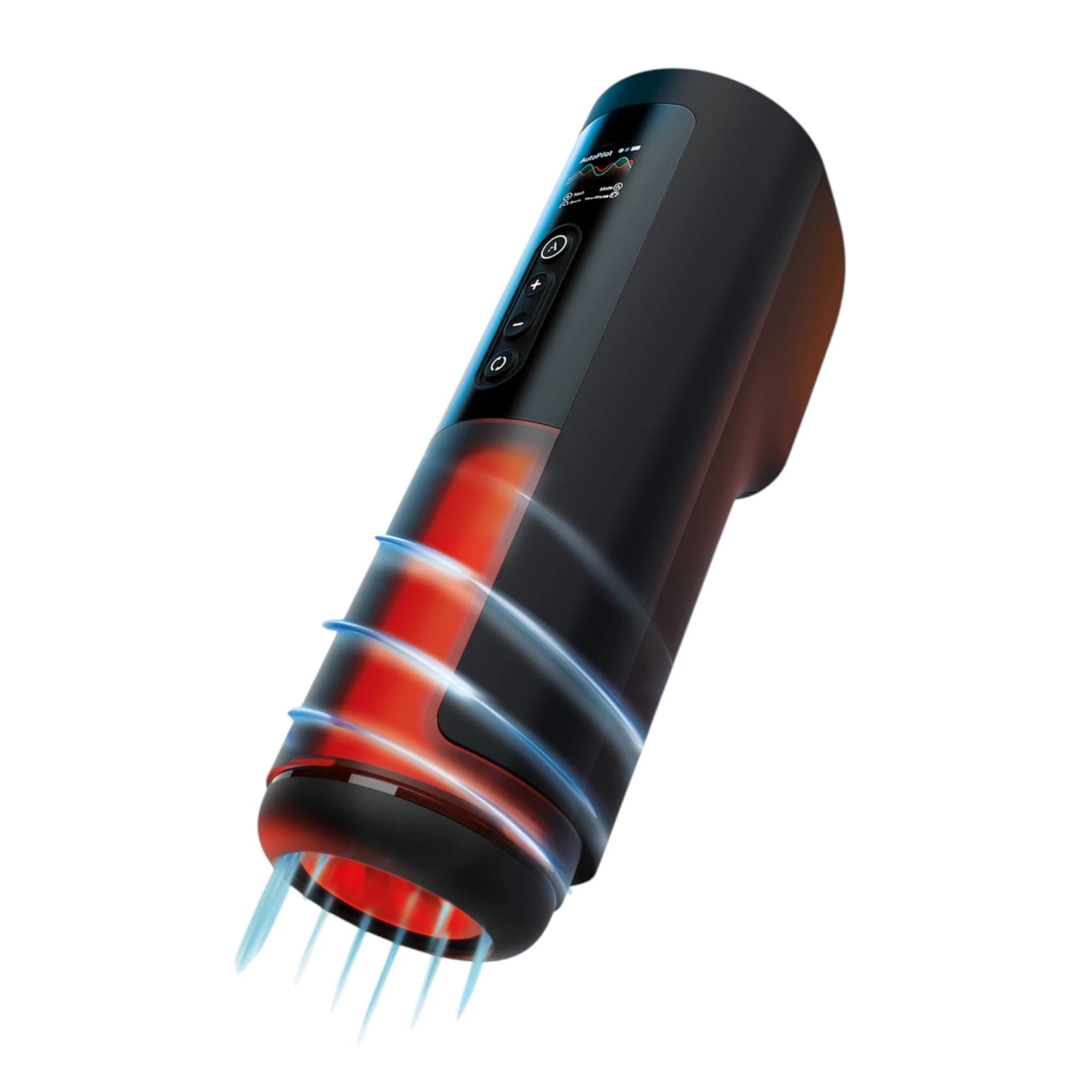Arcwave Thruster automatic stroking and rotating masturbator in black shown at angle with illuminated red interior, control buttons and display panel, and motion effect lines against white background