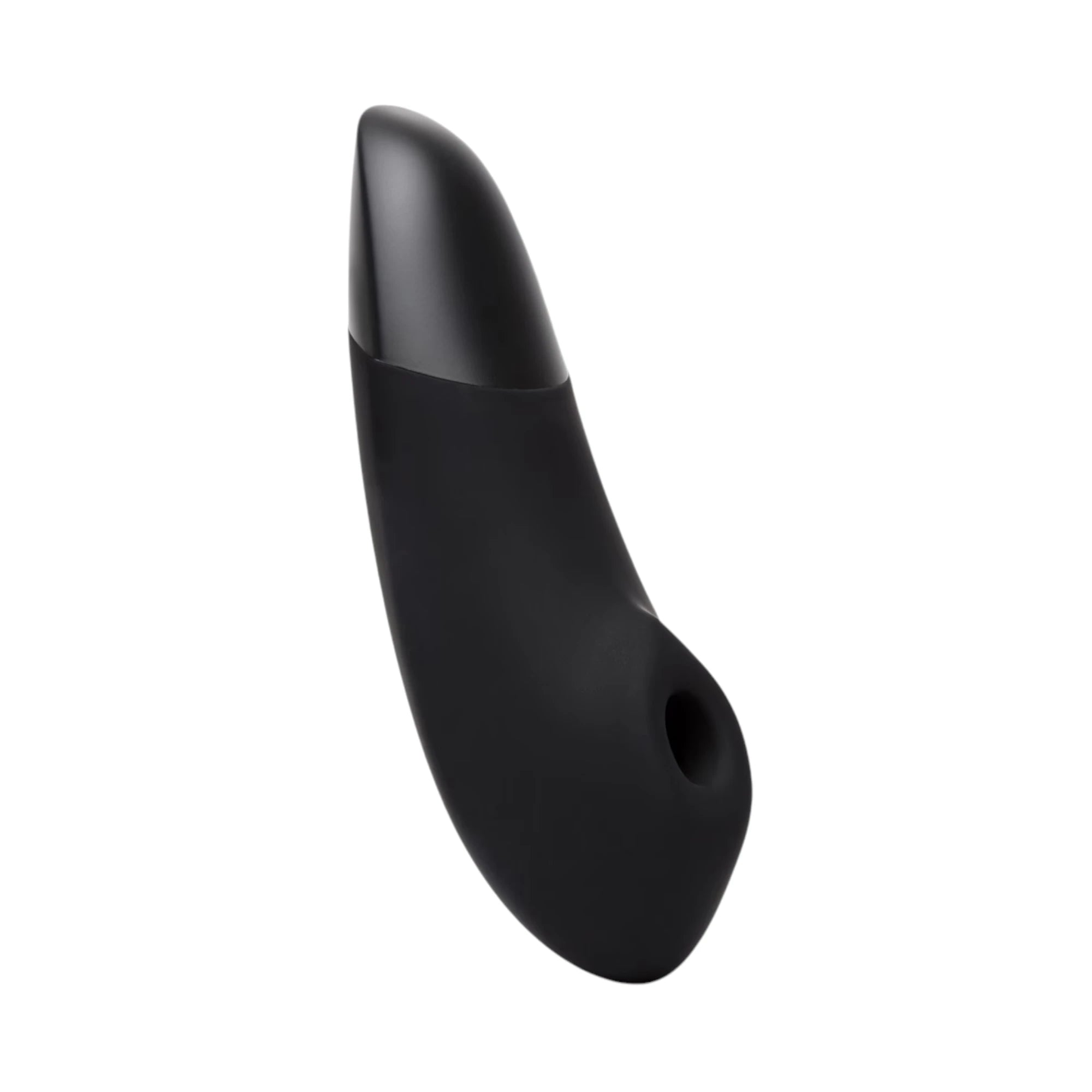 Womanizer Enhance Pleasure Air clitoral vibrator in black, shown at an angled side view with a smooth curved body, darker tip section and the Pleasure Air opening visible at the front against a white background