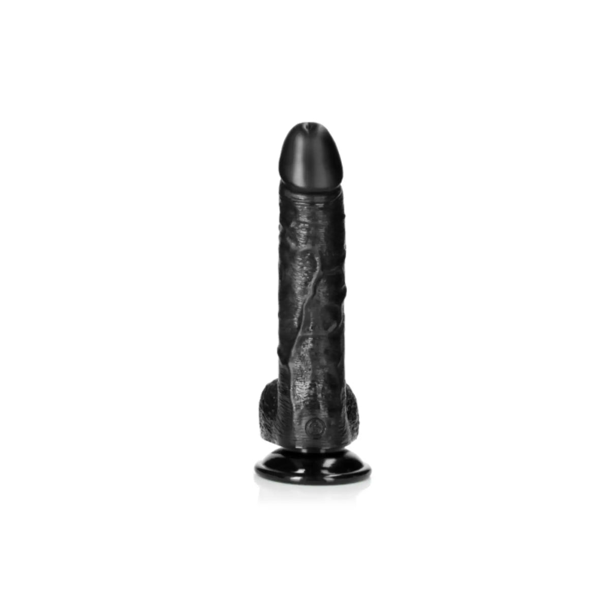 Real Rock black curved realistic dildo and balls with suction cup 8 inch front view against white background