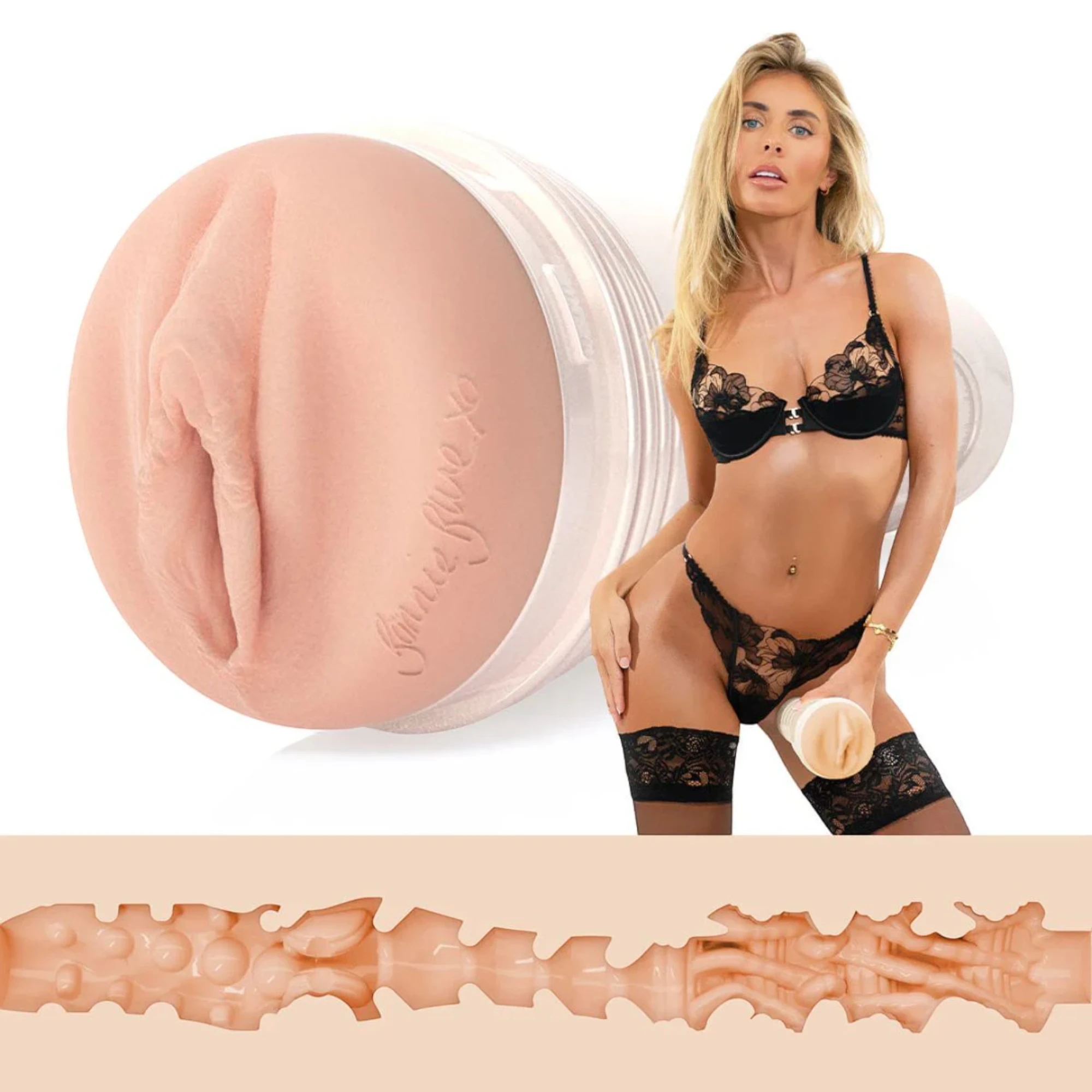 Fleshlight Girls Bonnie Blue “Lady Texture” sleeve shown in a large close-up of the realistic opening with “Fleshlight Girls” branding on the outer case, alongside a promo photo of a Bonnie Blue in black lace lingerie; bottom panel shows a cutaway view of the internal canal texture with raised bumps and ribbed sections