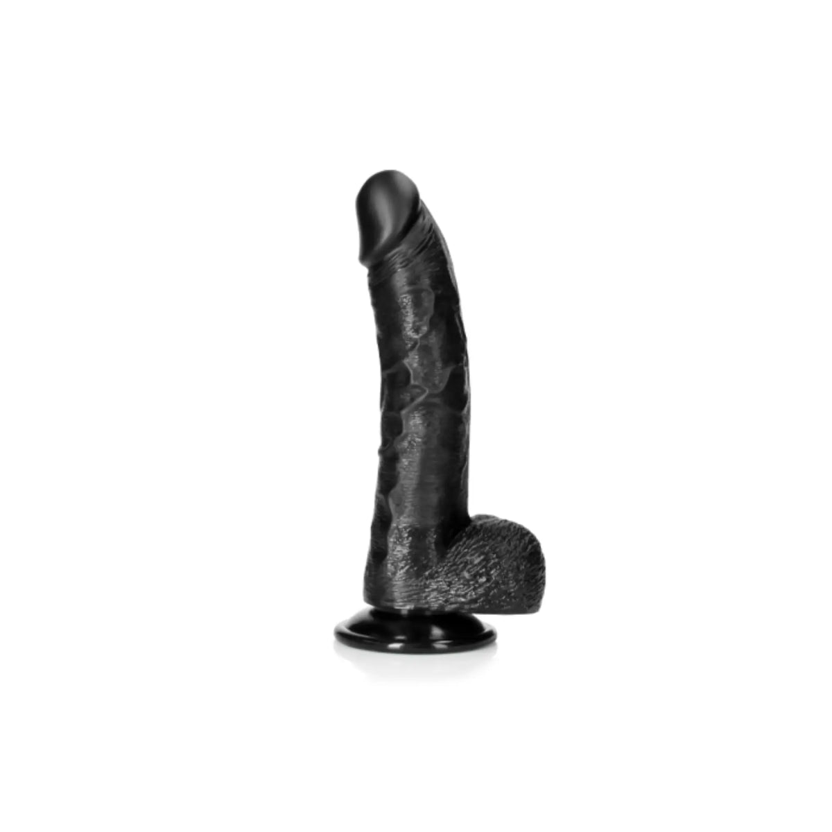 Real Rock black curved realistic dildo and balls with suction cup 8 inch side view showing the curve of the shaft against white background