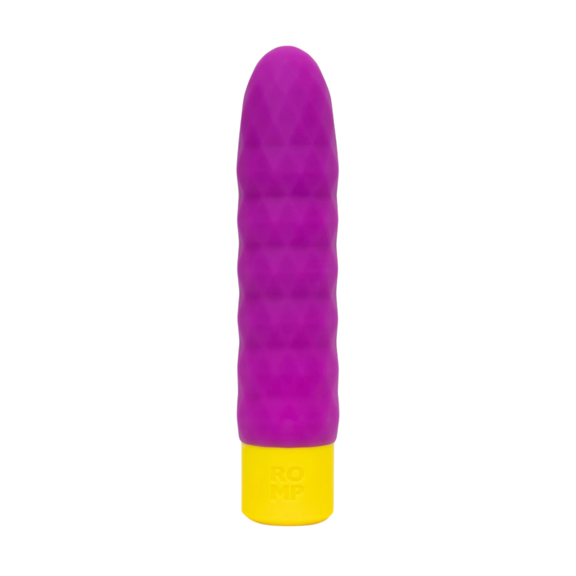 The ROMP Beat rechargeable textured bullet vibrator in purple silicone with a ribbed rounded shaft and a yellow base, shown on a plain white background