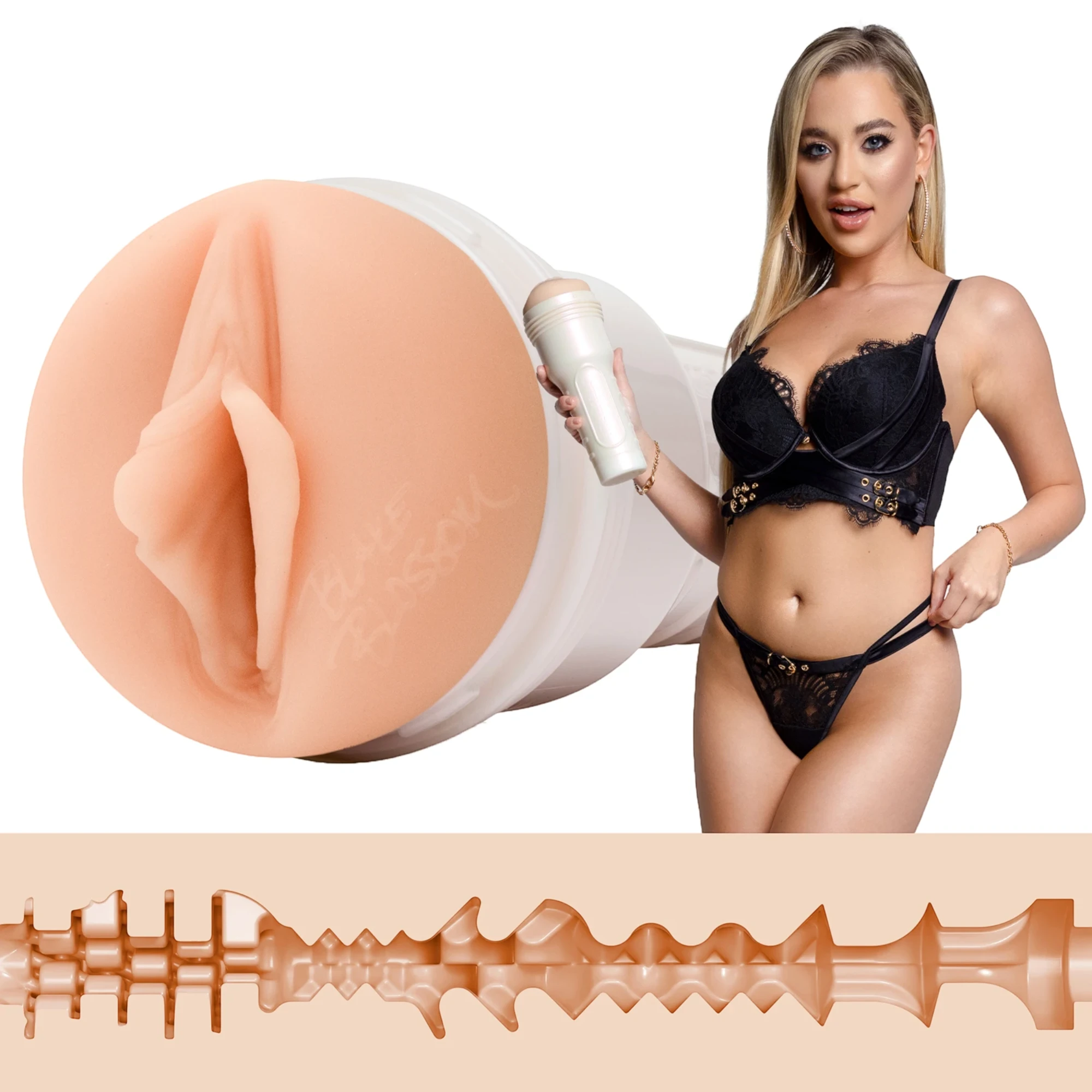 Fleshlight Girls Blake Blossom Bombshell Texture stroker toy with white cylindrical case displayed next to model portrait, showing textured internal sleeve detail at bottom against white background"