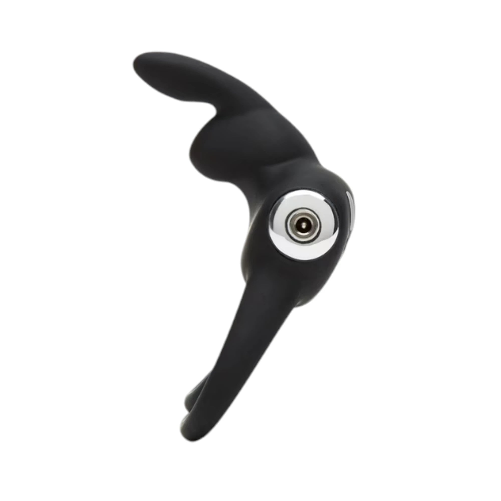 Happy Rabbit stimulating rabbit cock ring in black silicone shown from side displaying curved rabbit ear stimulator, flexible ring base, and silver control button against white background