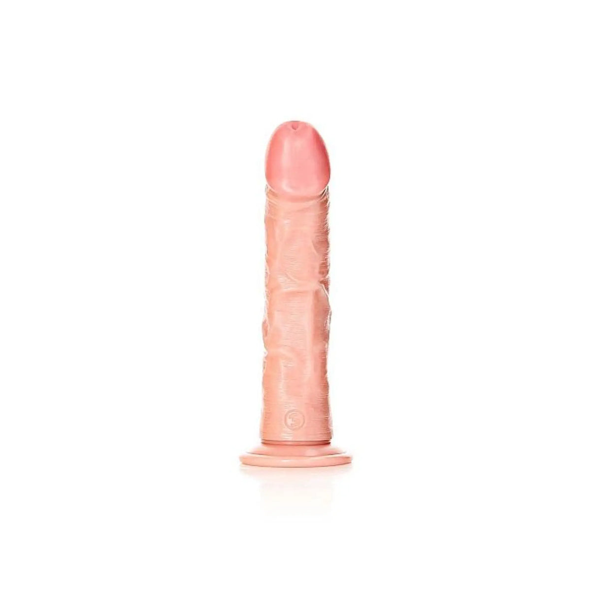 Real Rock curved realistic dildo with suction cup 7 inch front view in a natural skin tone against white background